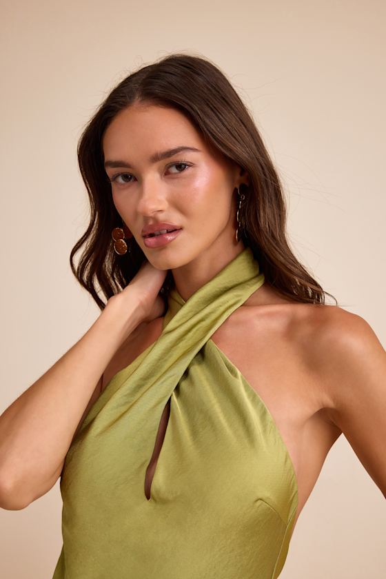 Beyond Classy Chartreuse Satin Halter Midi Dress