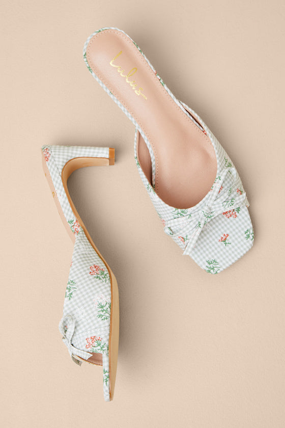 Gilzean Green Gingham Bow High Heel Slide Sandals