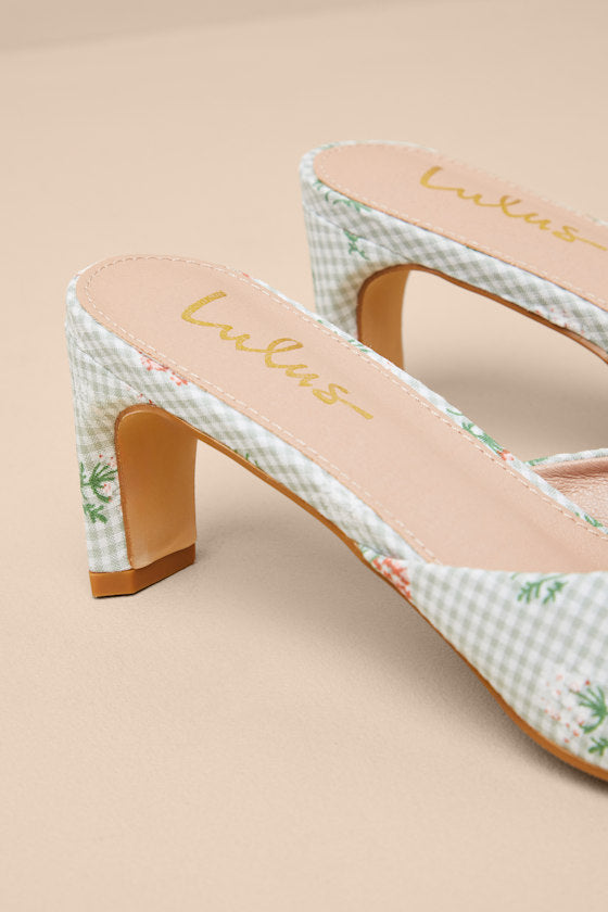 Gilzean Green Gingham Bow High Heel Slide Sandals