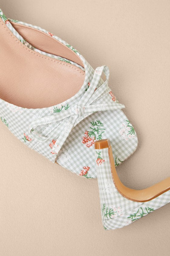 Gilzean Green Gingham Bow High Heel Slide Sandals