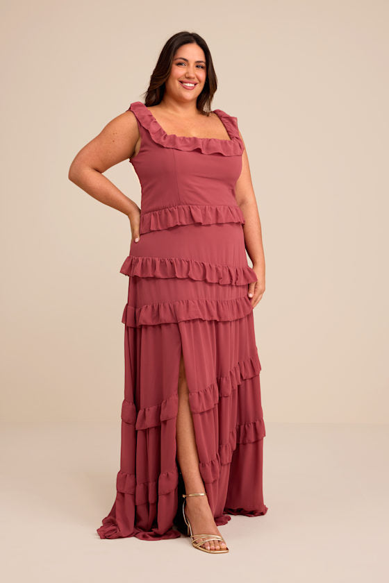 Compelling Romantic Rusty Rose Ruffled Tiered Maxi Dress