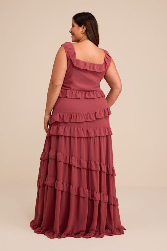 Compelling Romantic Rusty Rose Ruffled Tiered Maxi Dress