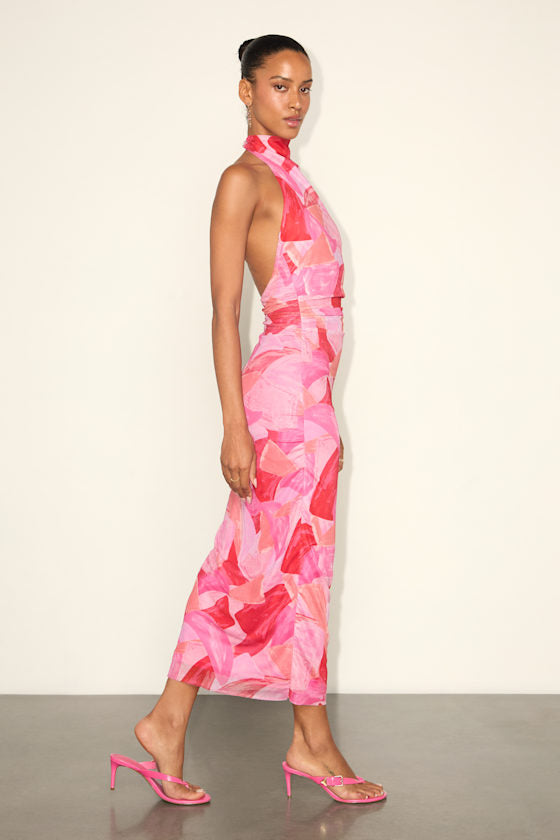 Idyllic in Ibiza Pink Abstract Print Mock Neck Halter Midi Dress