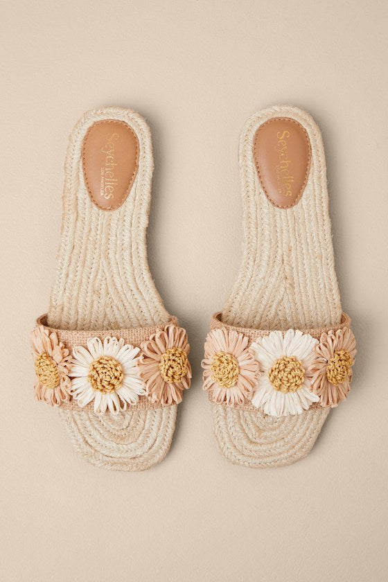 Botanical Gardens Vanilla Floral Raffia Slide Sandals