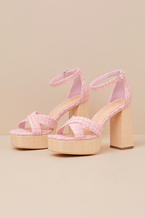 Capitolla Baby Pink Tweed Platform Ankle Strap Sandals