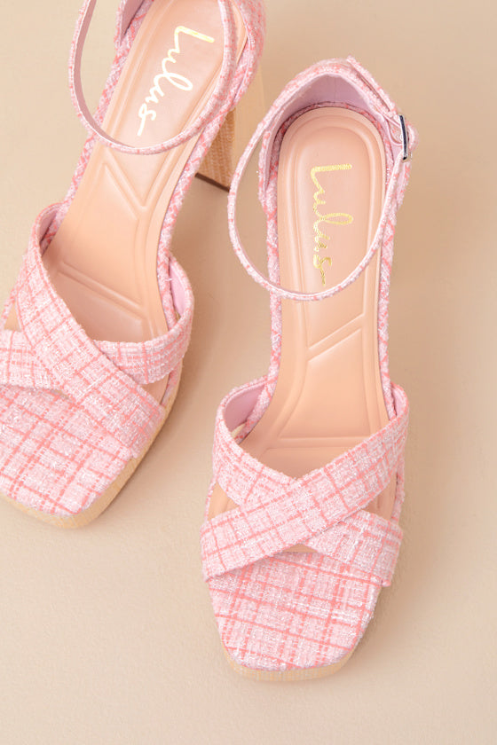 Capitolla Baby Pink Tweed Platform Ankle Strap Sandals