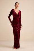 Yasna Brown Velvet Ruched Surplice Long Sleeve Maxi Dress