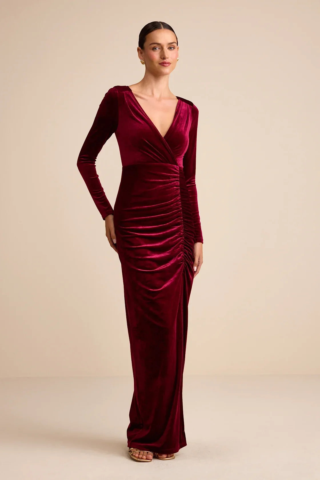 Yasna Brown Velvet Ruched Surplice Long Sleeve Maxi Dress