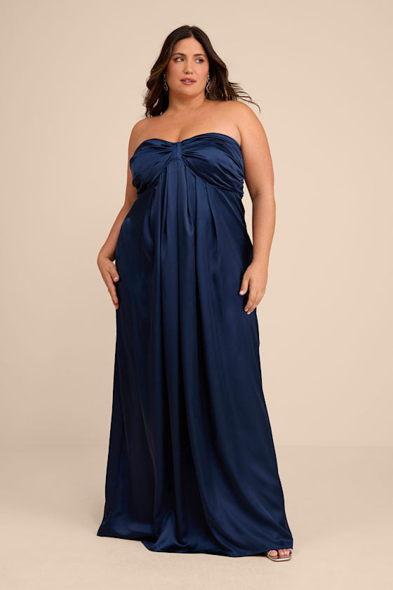 Memorable Entrance Dark Blue Strapless Satin Maxi Dress