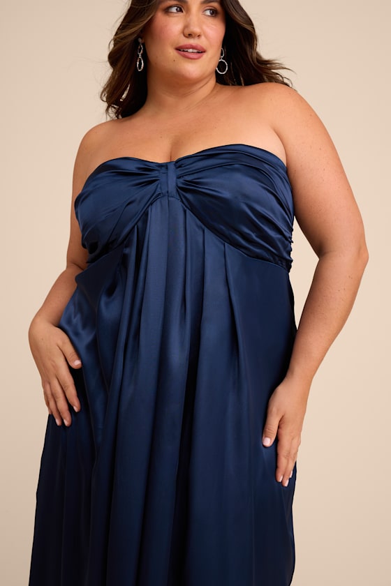 Memorable Entrance Dark Blue Strapless Satin Maxi Dress