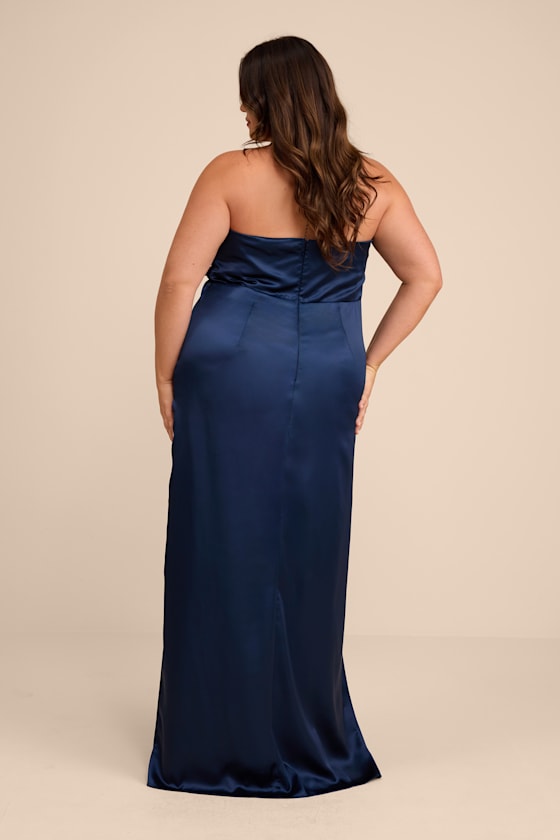 Memorable Entrance Dark Blue Strapless Satin Maxi Dress