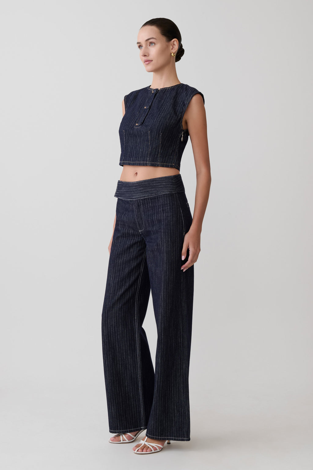 Loraine Sleeveless Denim Top - Indigo Pinstripe