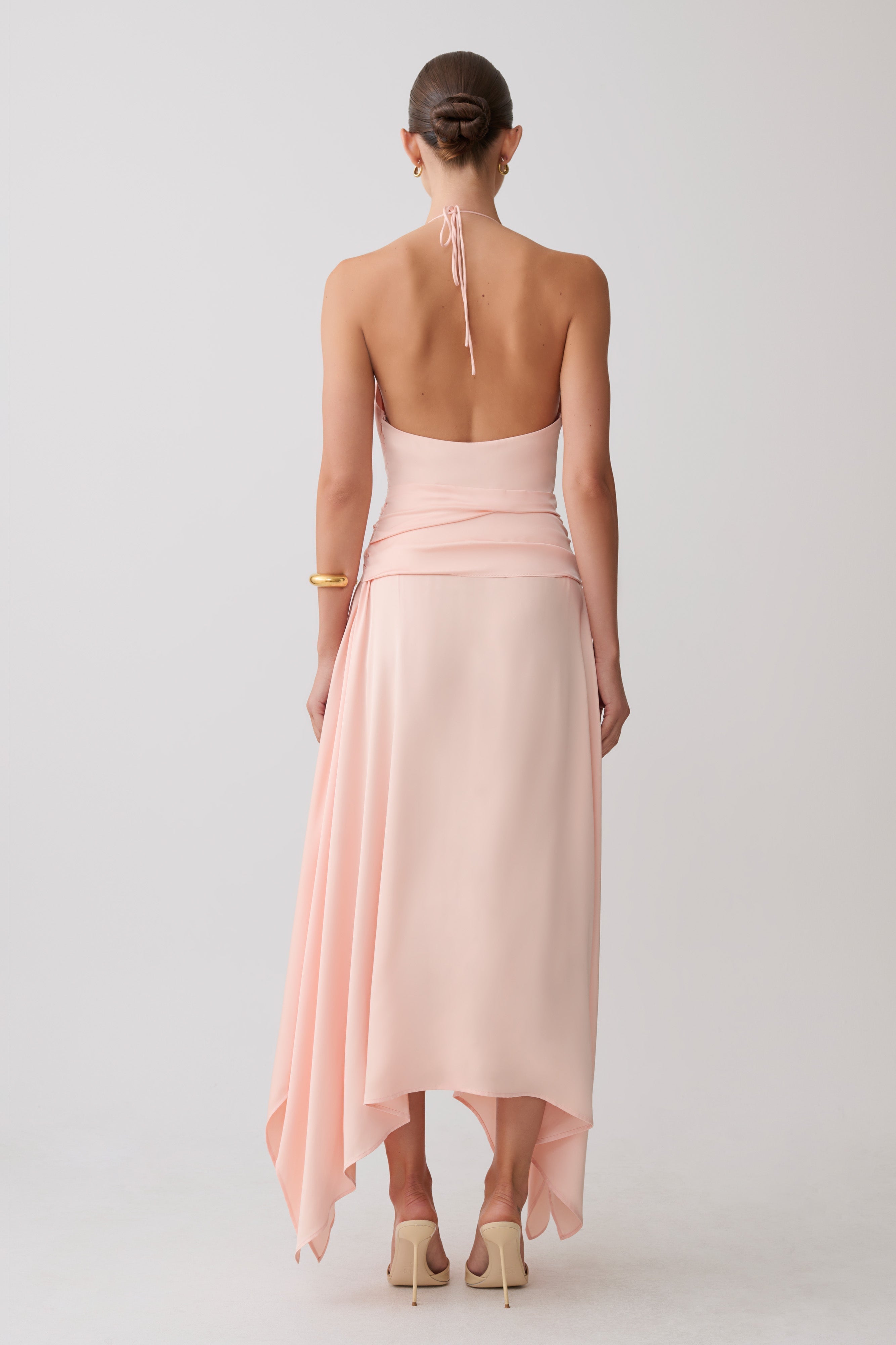 Cyra Plunge Satin Midi Dress - Peach