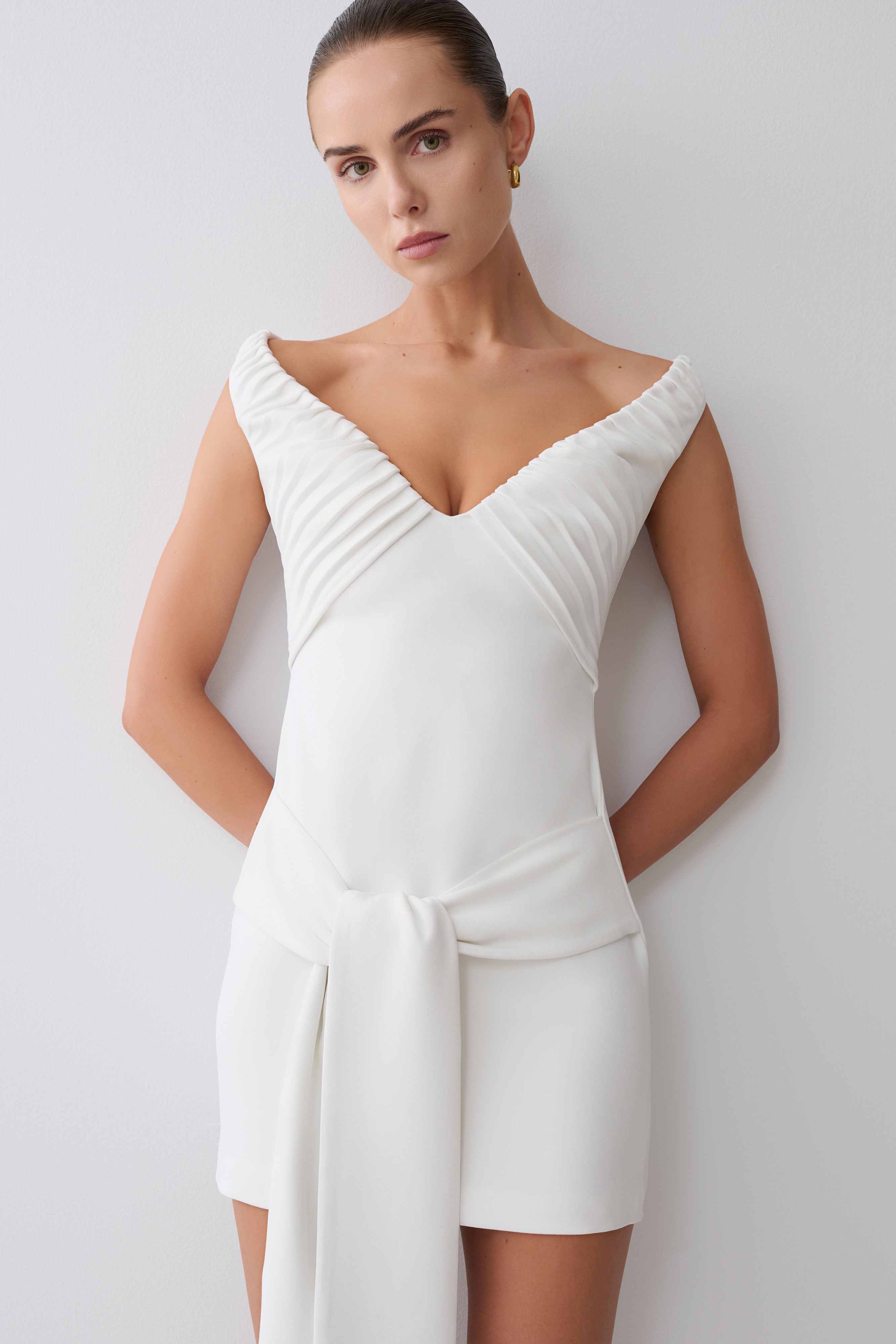 Runa Off Shoulder Mini Dress With Waist Tie - White