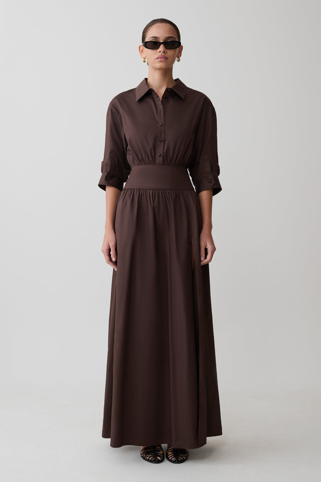 Isolde Long Sleeve Cotton Maxi Dress - Dark Chocolate