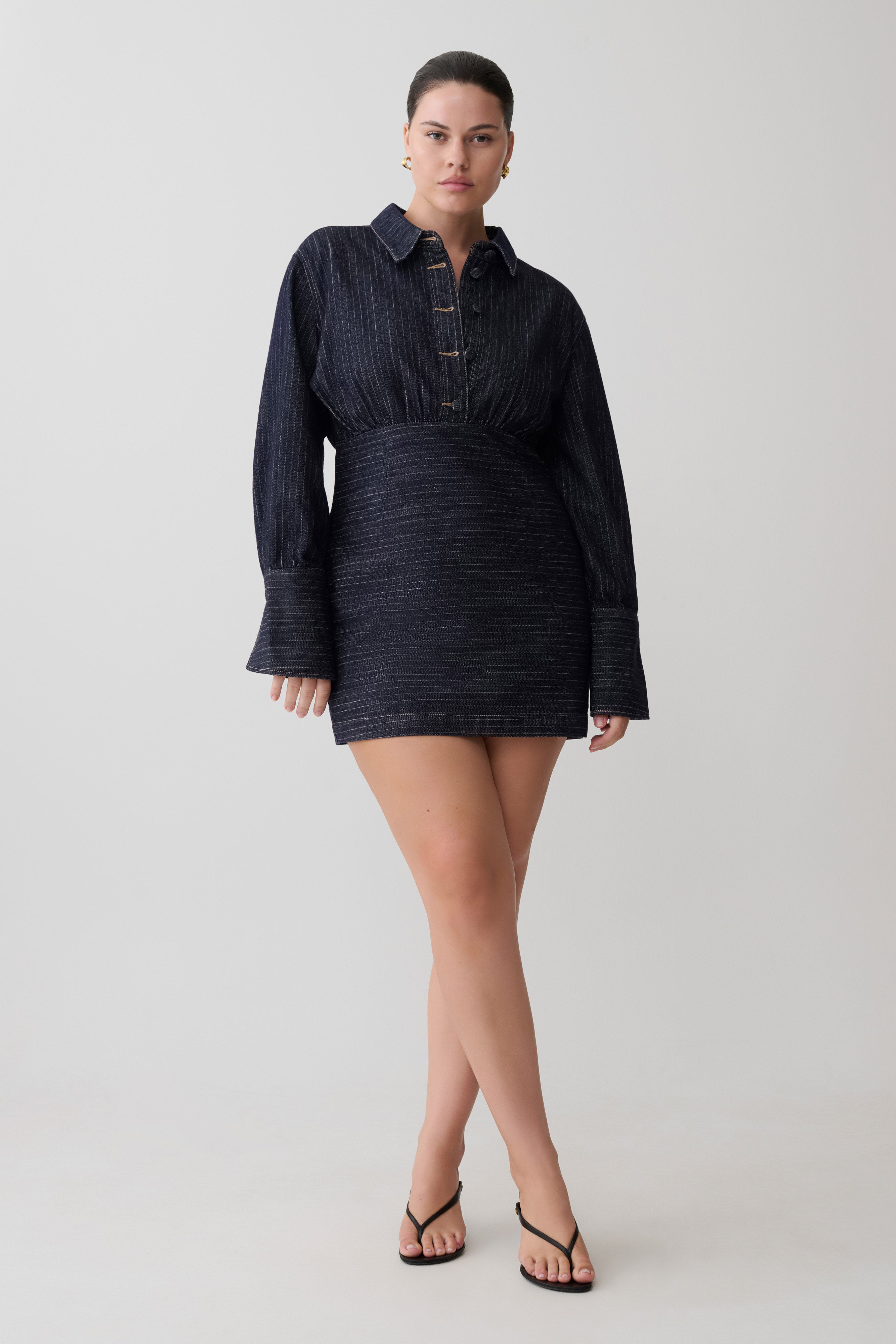 Zarah Denim Long Sleeve Mini Dress - Indigo Pinstripe