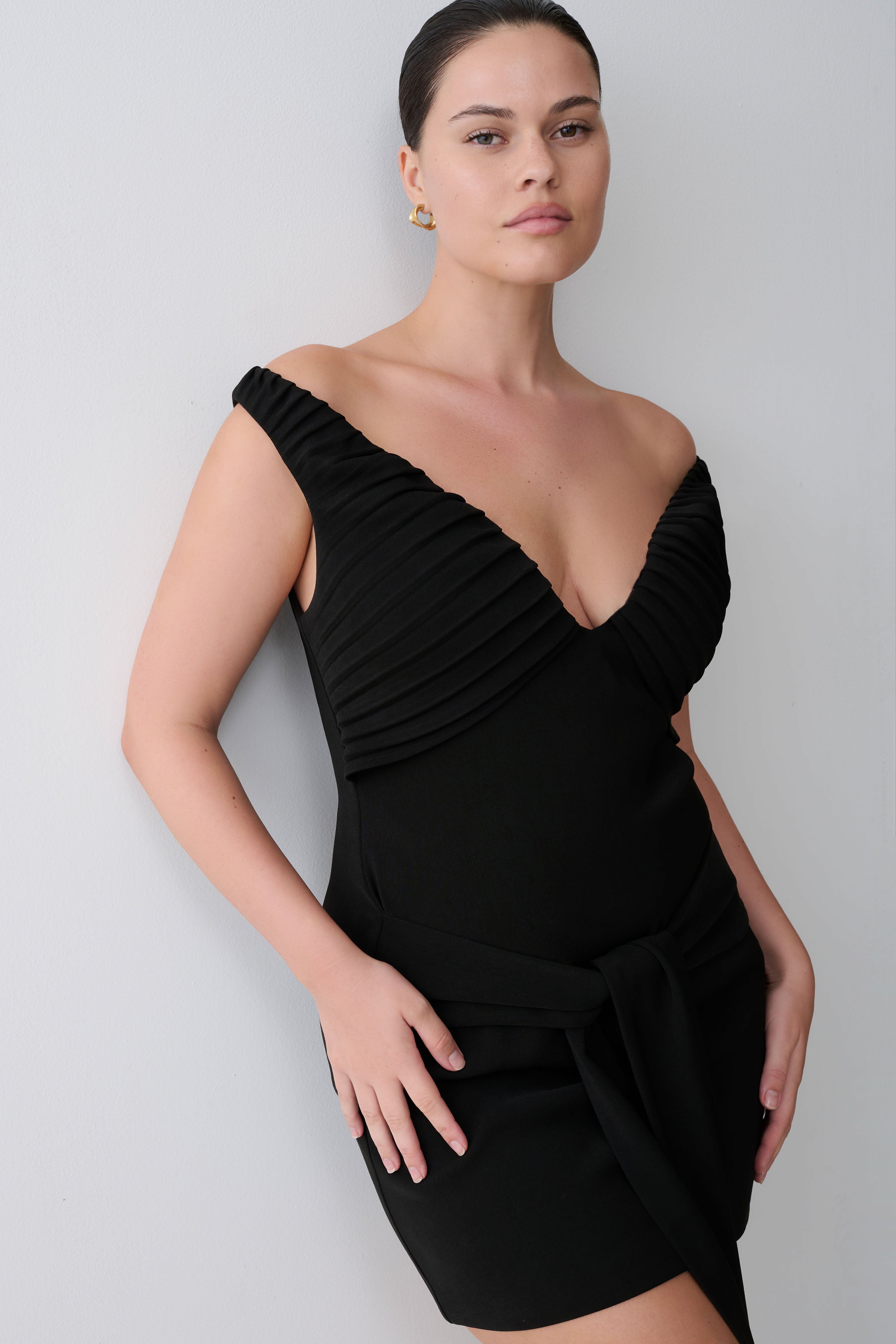 Runa Off Shoulder Mini Dress With Waist Tie - Black