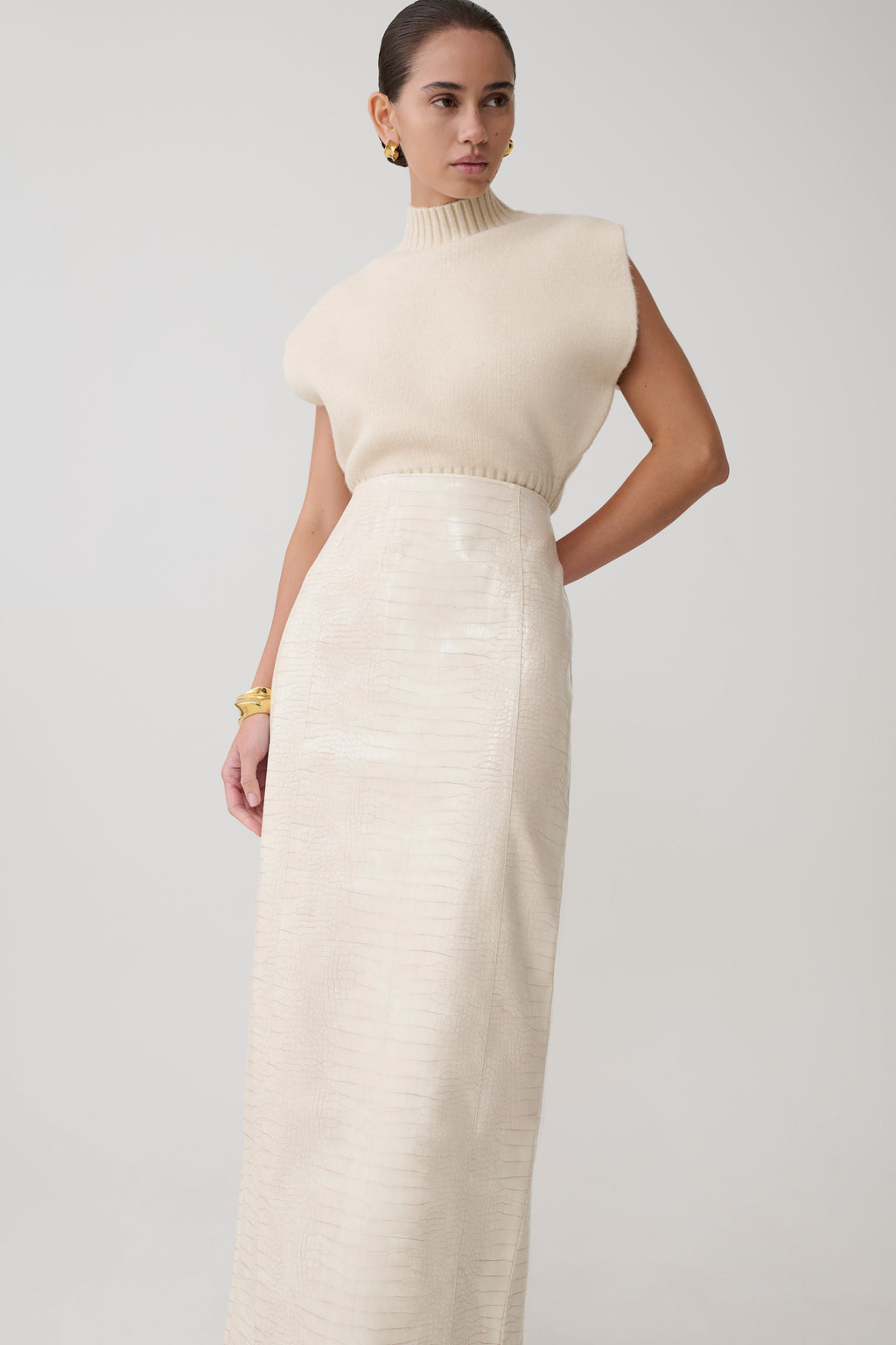 Thalia Croc Faux Leather Midi Skirt - Ivory