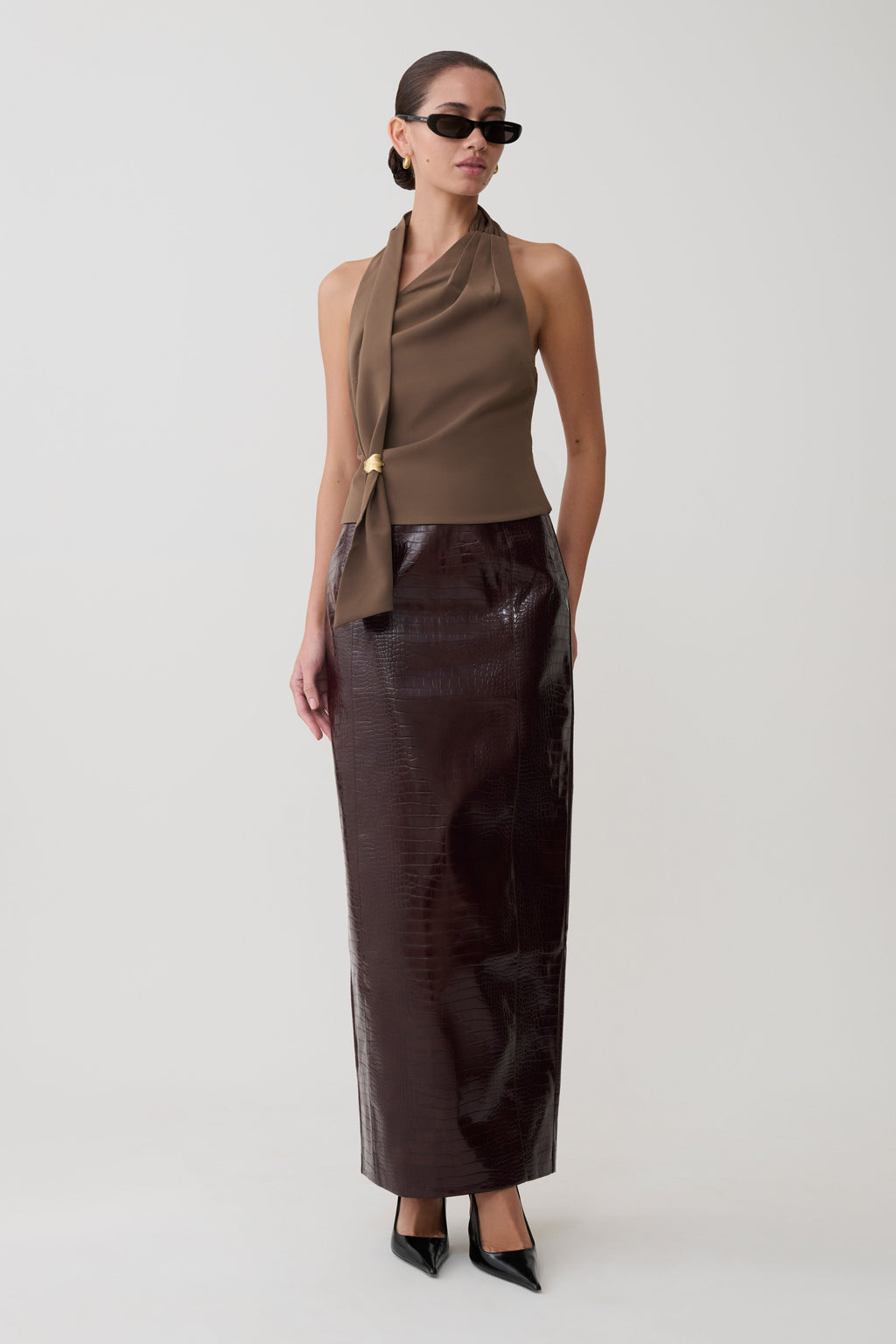 Marina Halter Top With Hardware - Cacao Brown