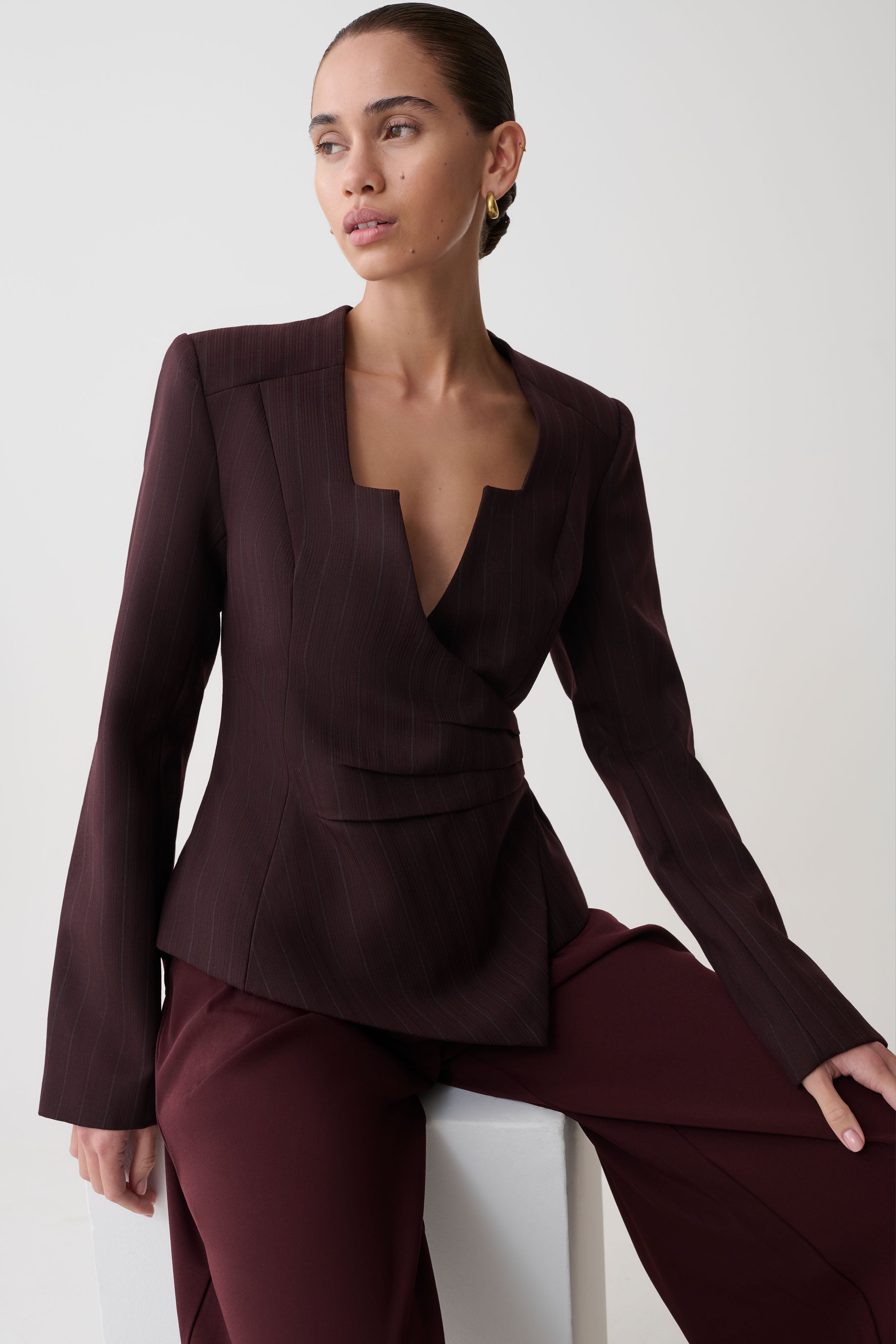 Agatha Square Neck Blazer - Plum Pinstripe