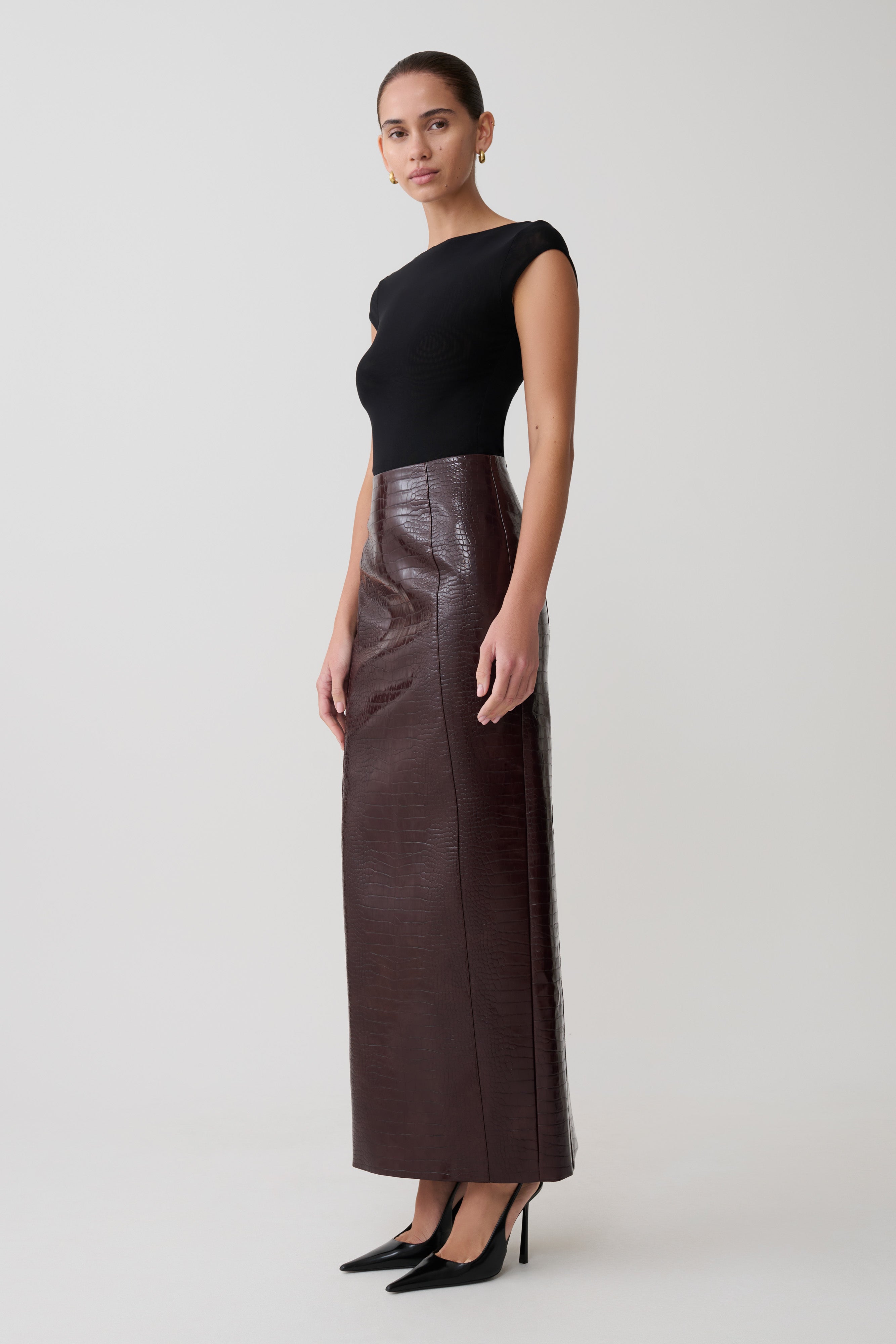 Thalia Croc Faux Leather Midi Skirt - Merlot