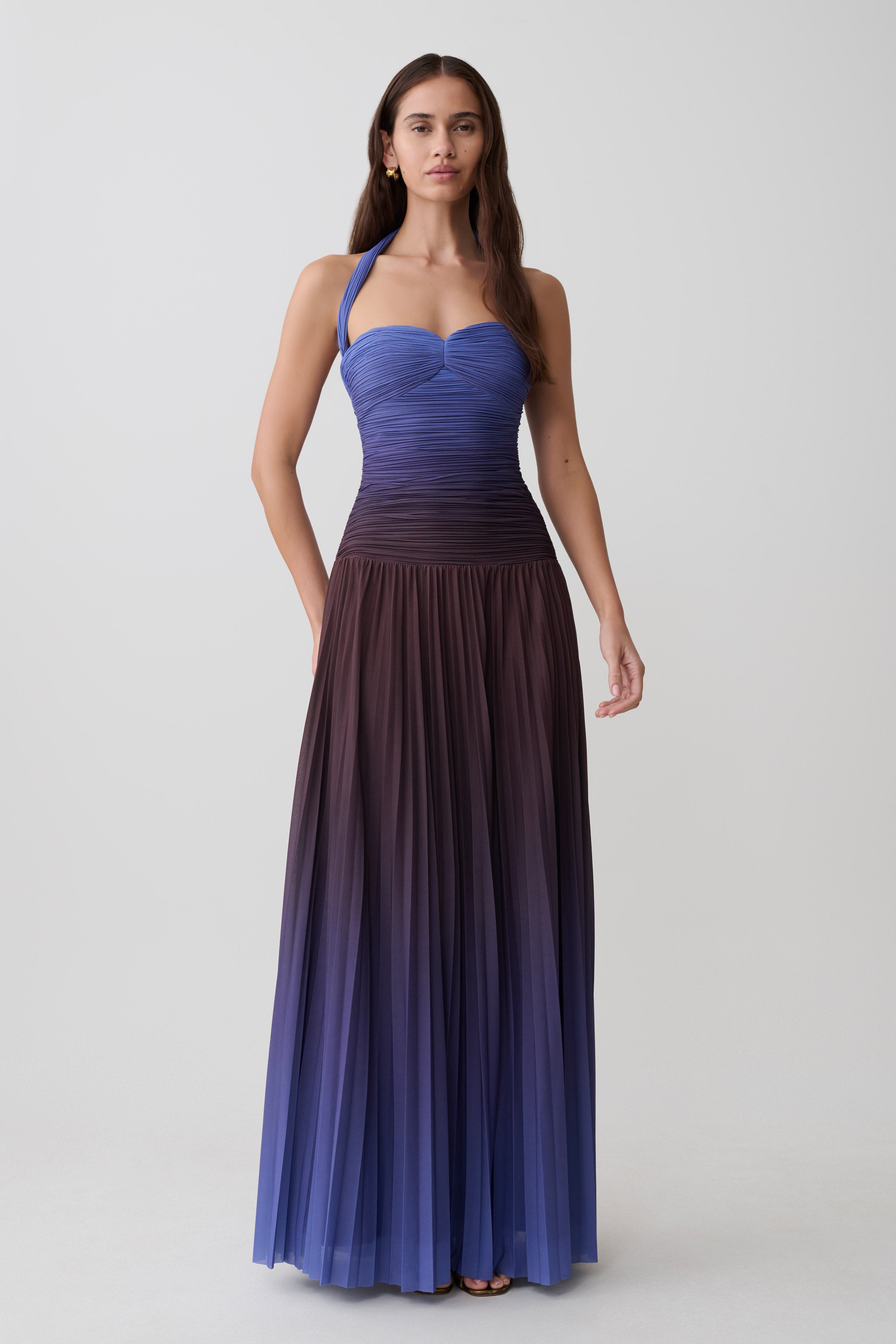 Azizi Pleated Halter Midi Dress - Chocolate & Blue Ombre Print