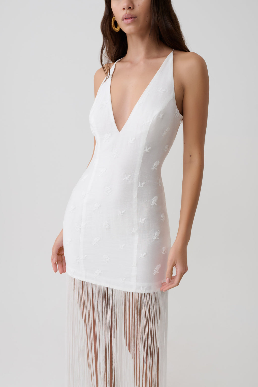 Abigail V Neck Fringe Maxi Dress - White