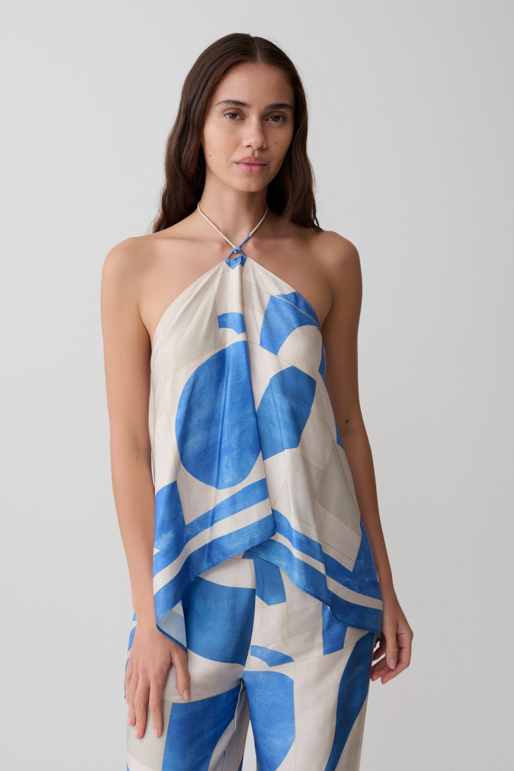 Adelaide Draped Satin Halter Top - Blue Geo Tile Print