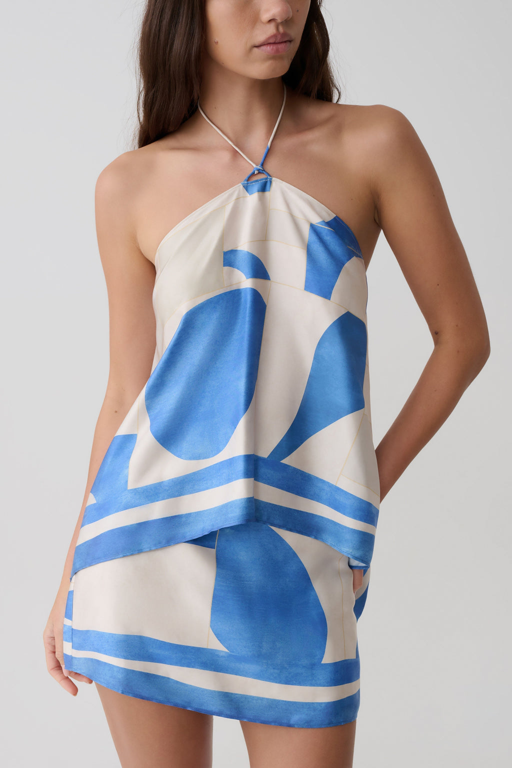 Adelaide Draped Satin Halter Top - Blue Geo Tile Print