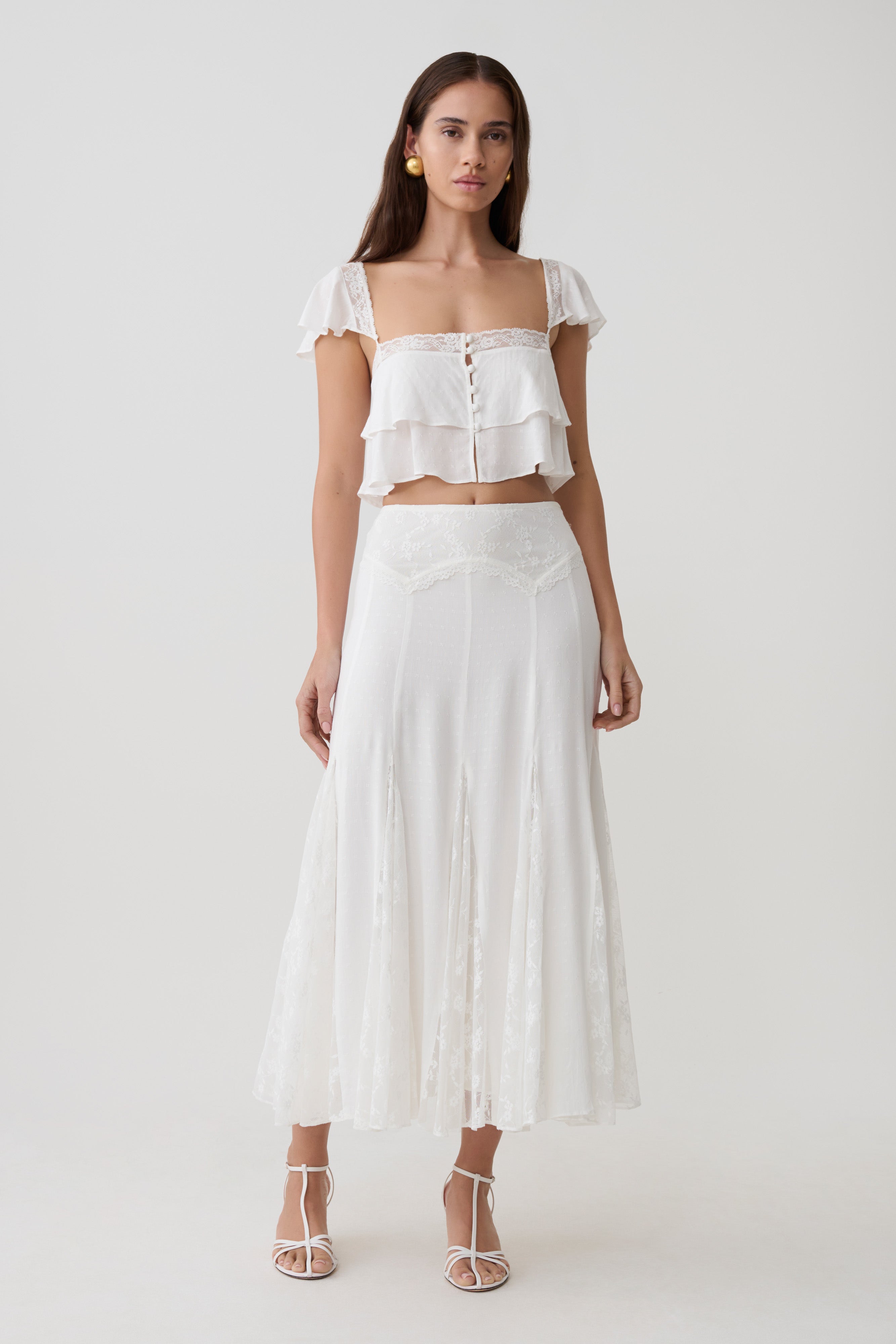 Skylar Lace Panelled Midi Skirt - White