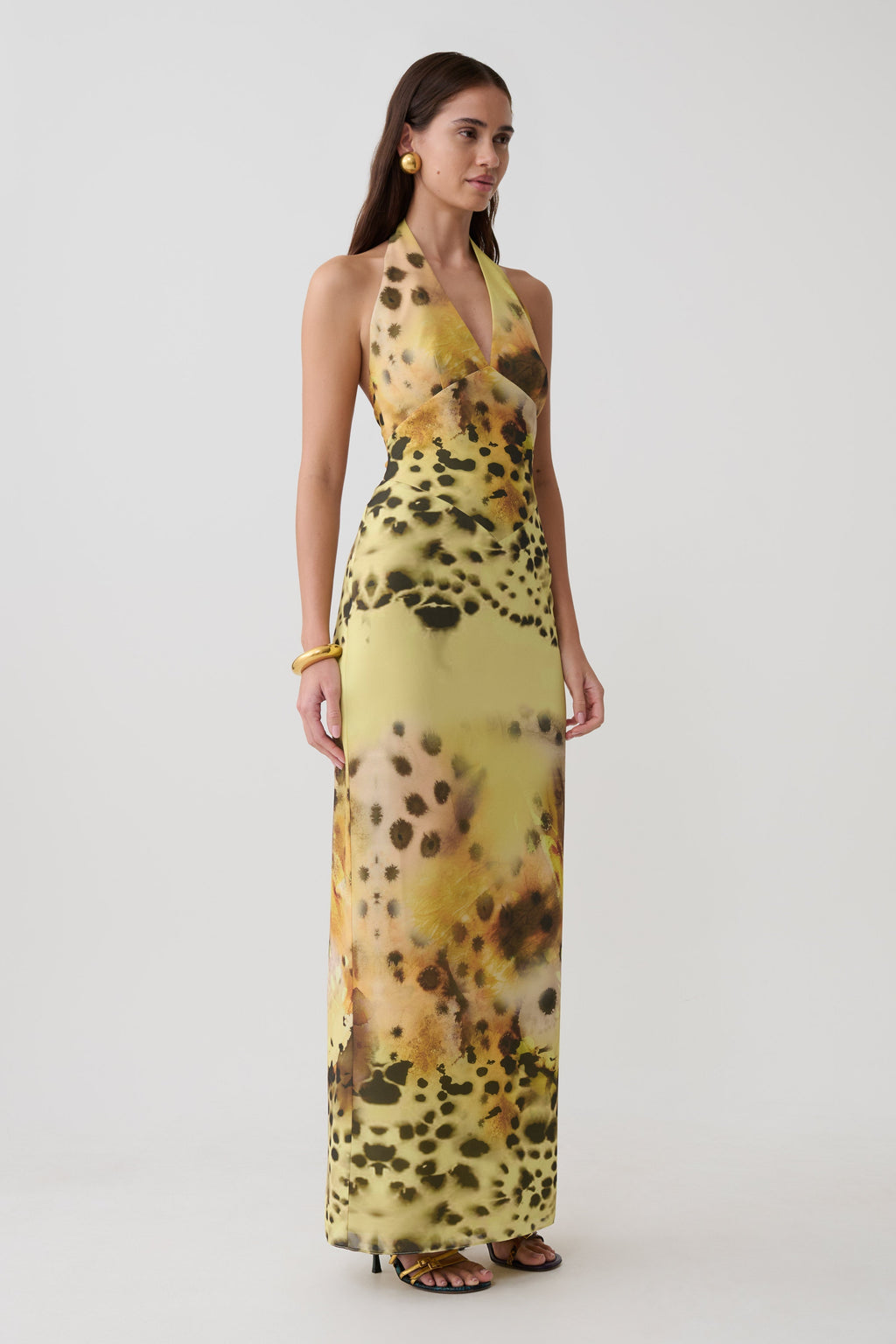 Valentina Chiffon Halter Maxi Dress - Yellow Floral Leopard Print