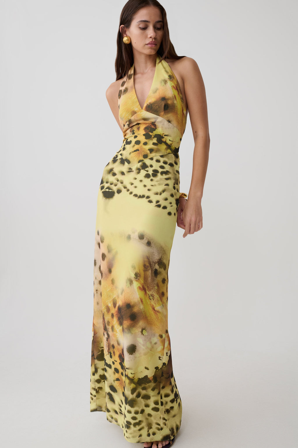 Valentina Chiffon Halter Maxi Dress - Yellow Floral Leopard Print