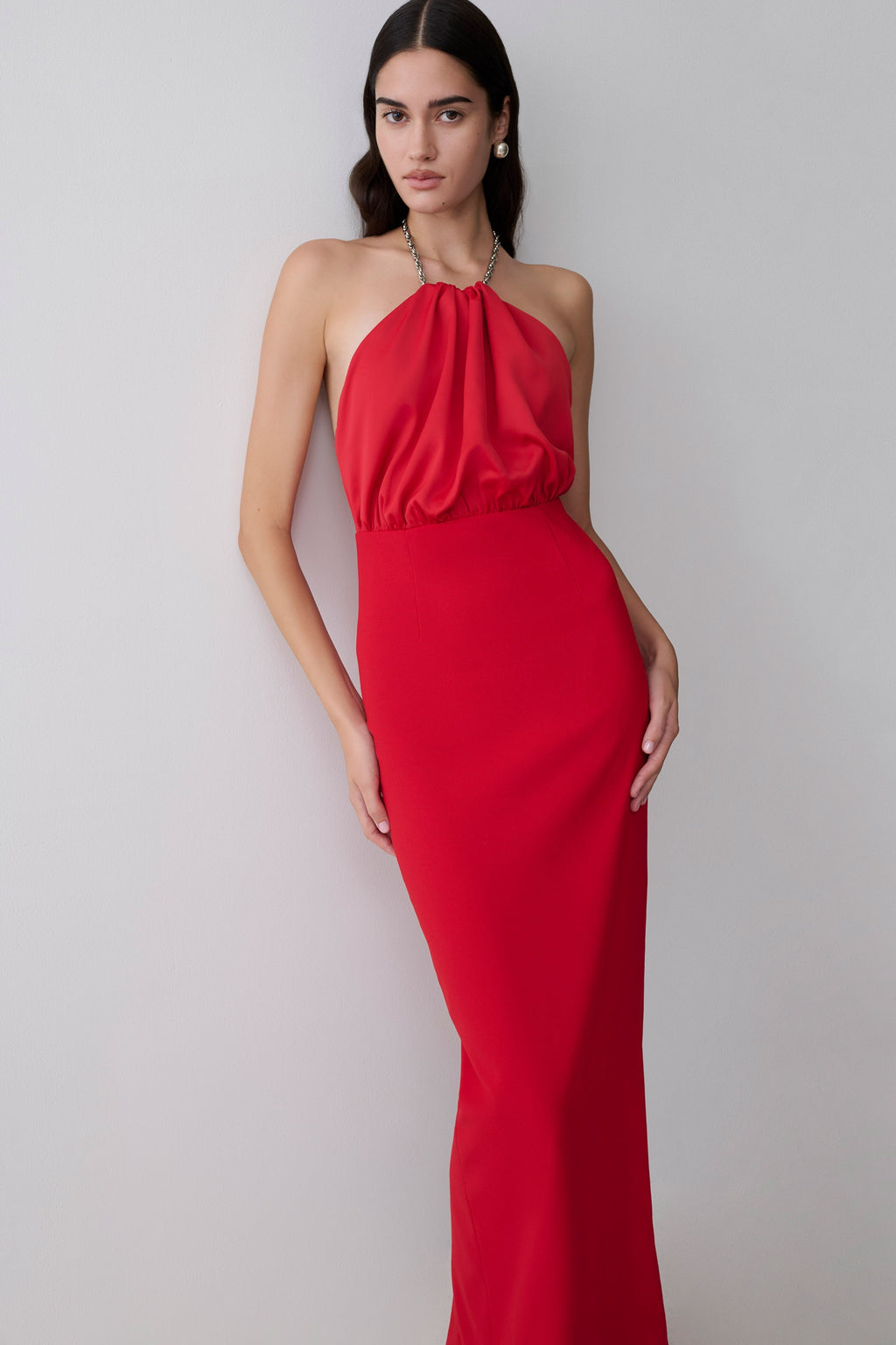 Elina Satin Necklace Maxi Dress - Red