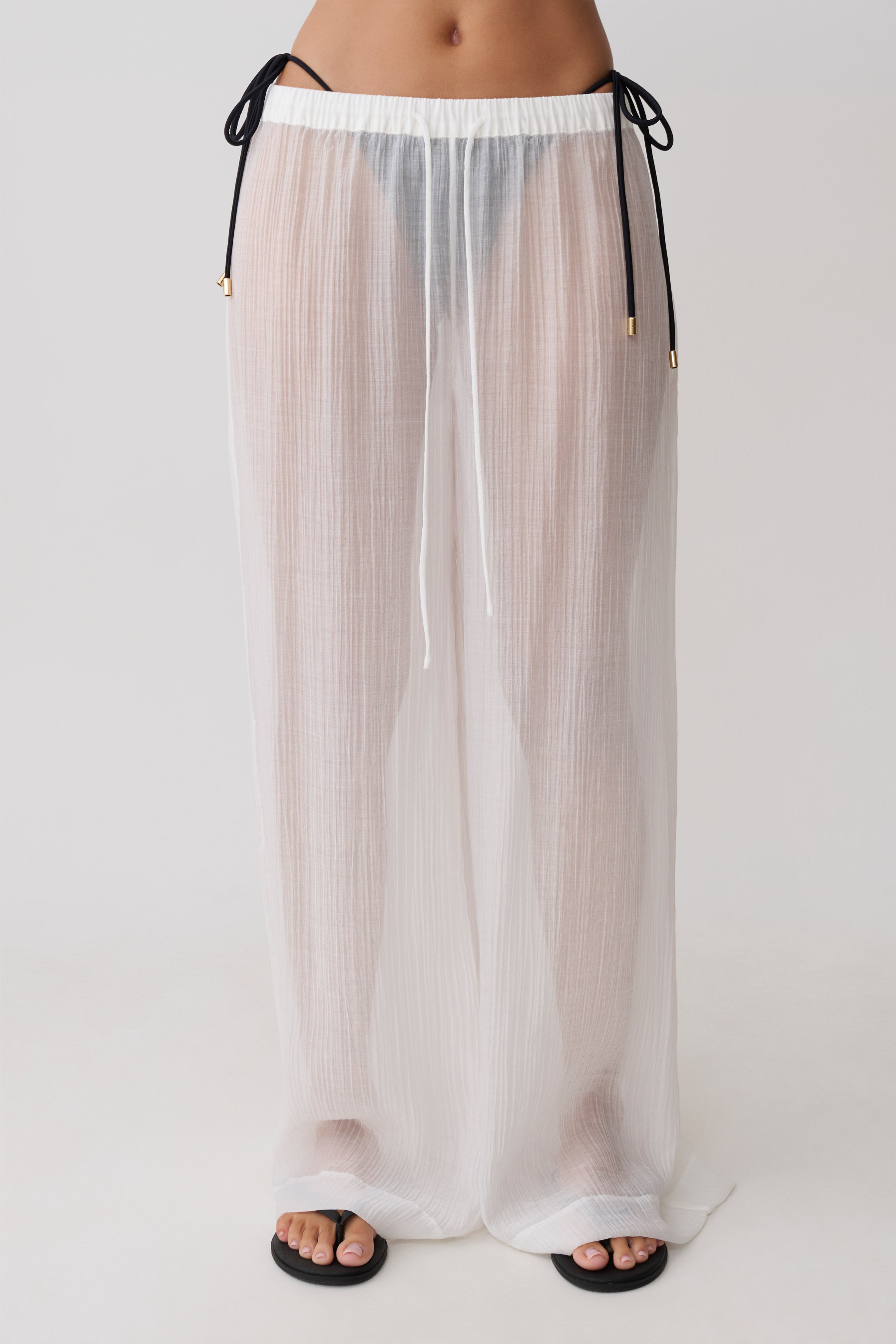 Leilani Sheer Drawstring Wide Leg Pants - Ivory