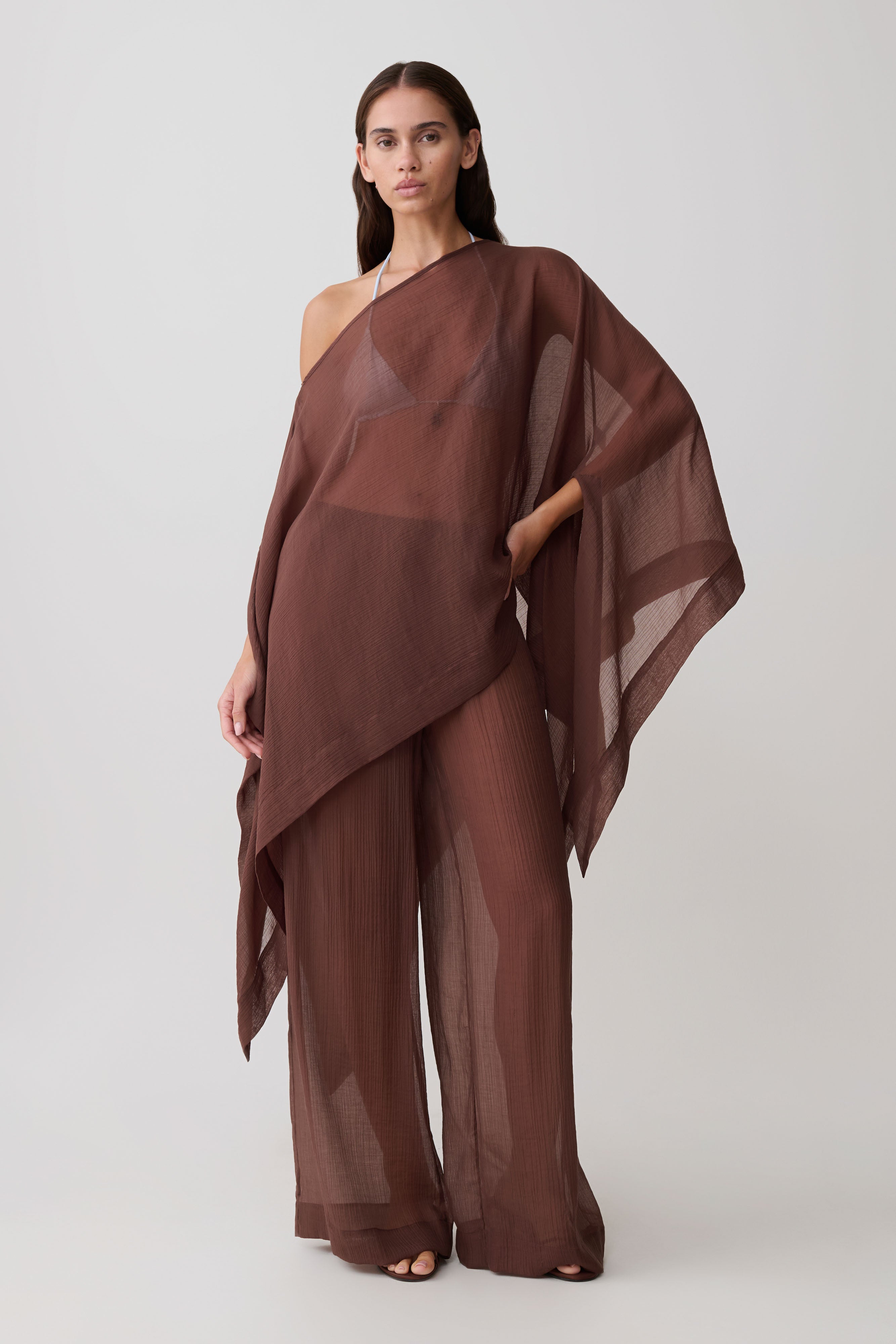Leilani Sheer Drawstring Wide Leg Pants - Chocolate