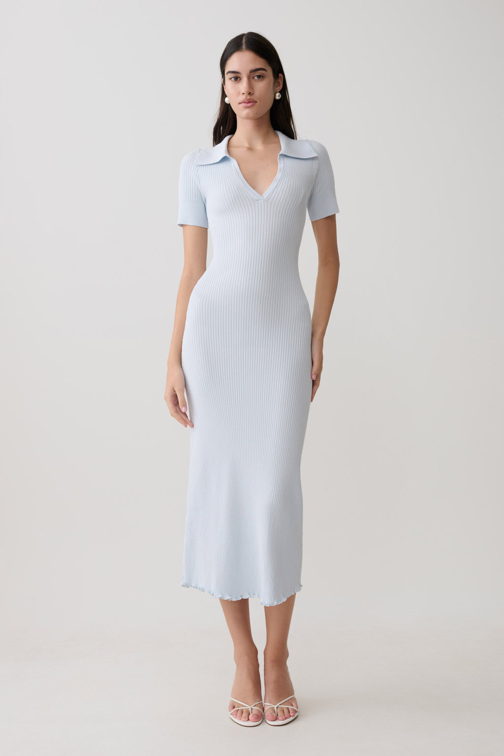 Nichelle Short Sleeve Collared Knit Midi Dress - Light Blue