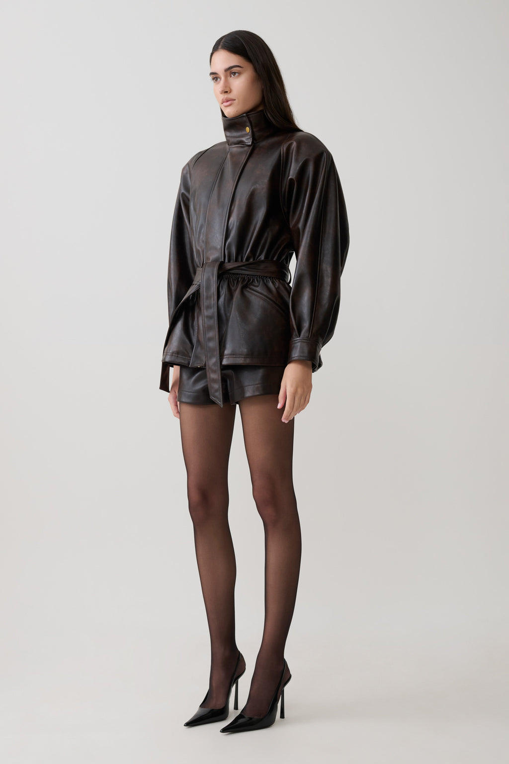 Adaline Faux Leather Cinch Waist Jacket - Dark Chocolate