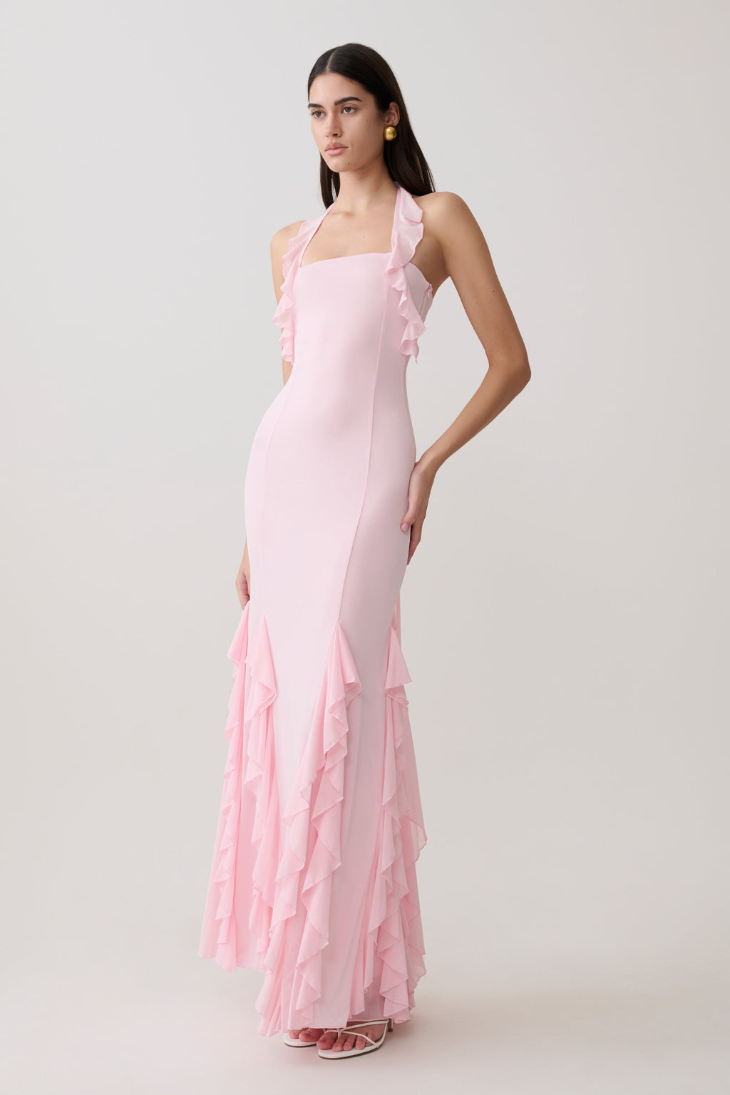 Etta Ruffle Slinky Maxi Dress - Pale Pink