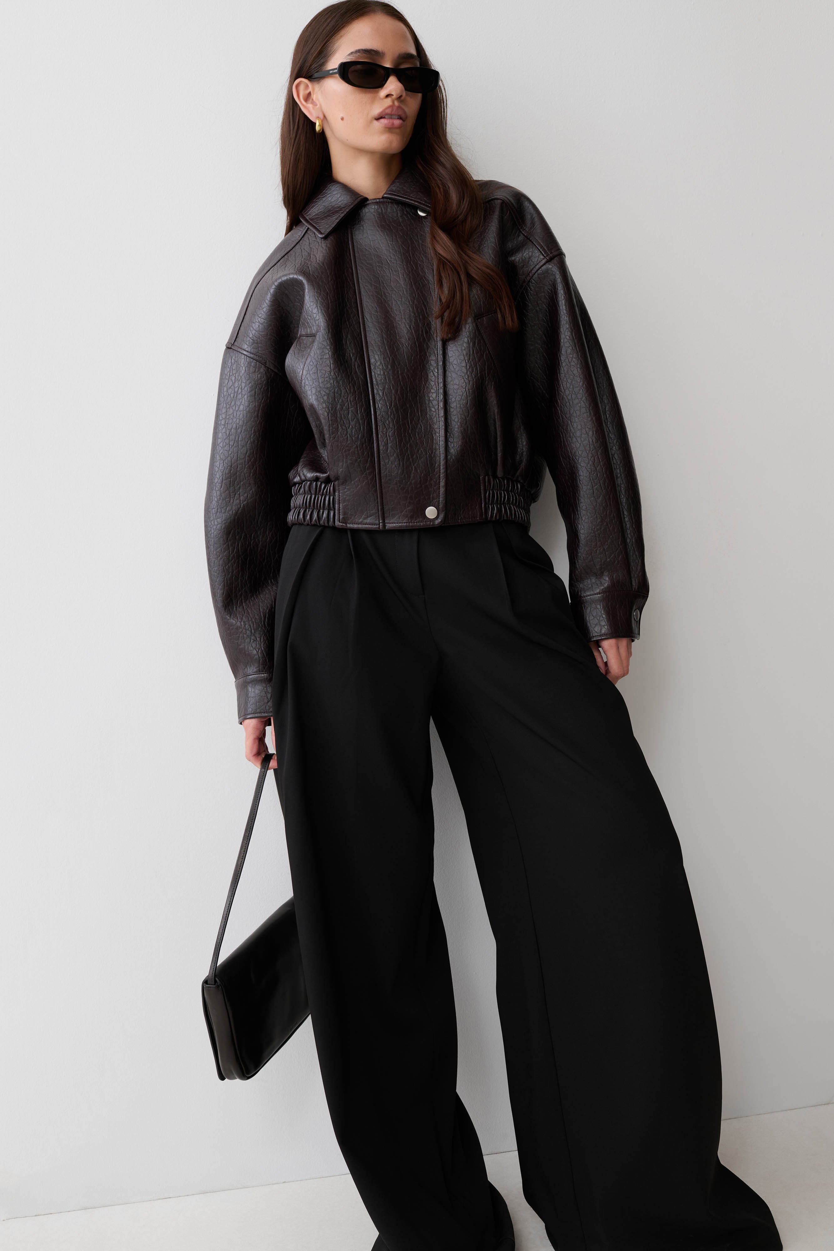 Paige Faux Leather Cropped Jacket - Cherry Brown