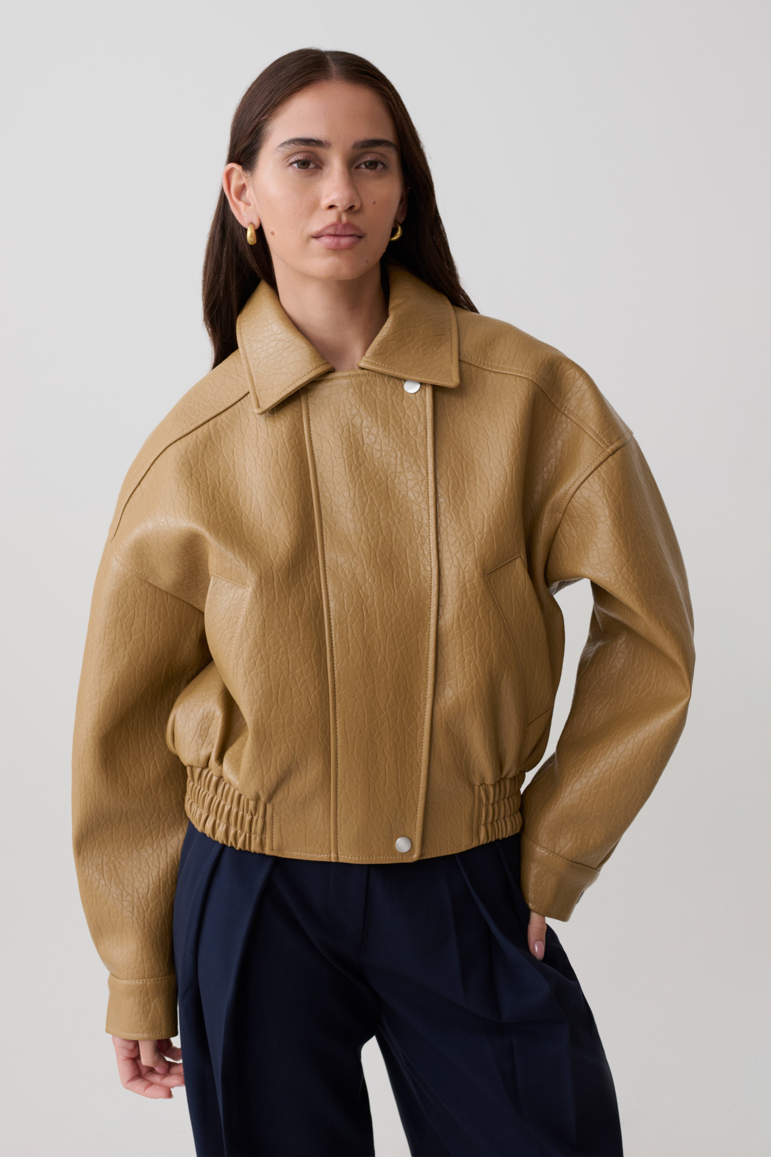 Paige Faux Leather Cropped Jacket - Beige