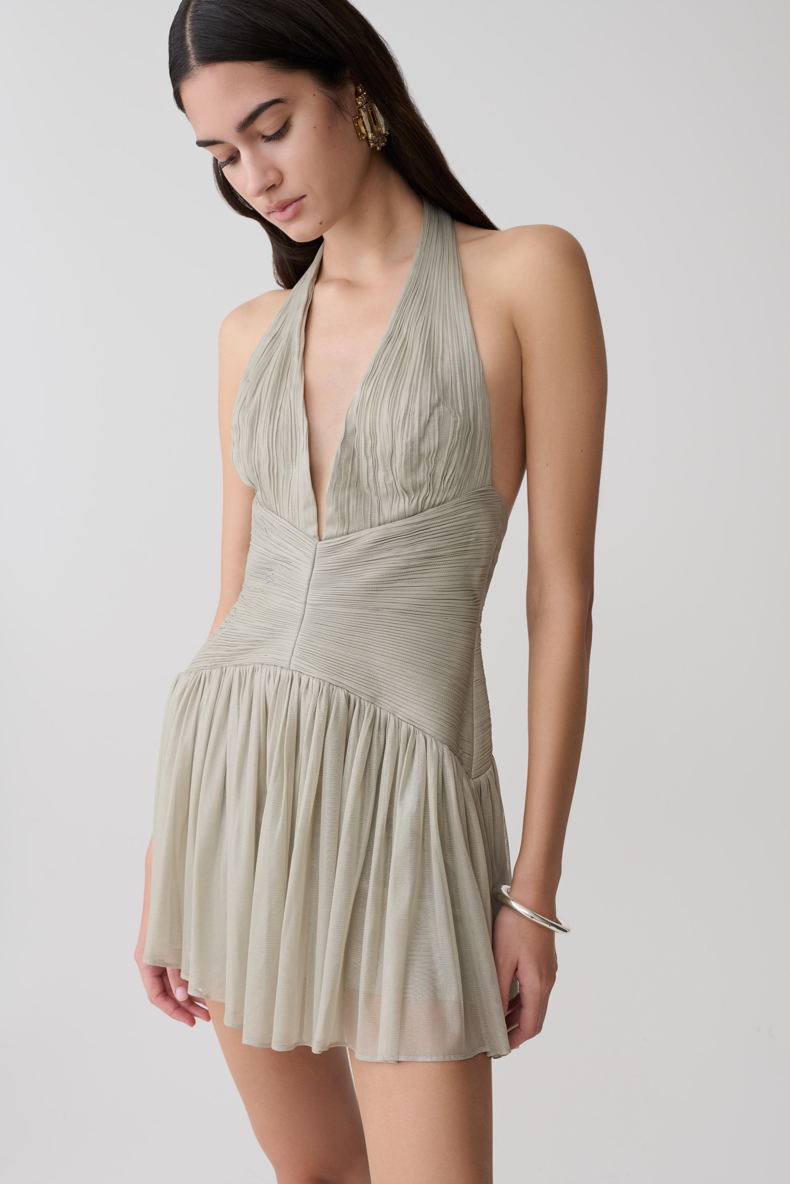 Lucille Halter Pleated Mini Dress - Silver