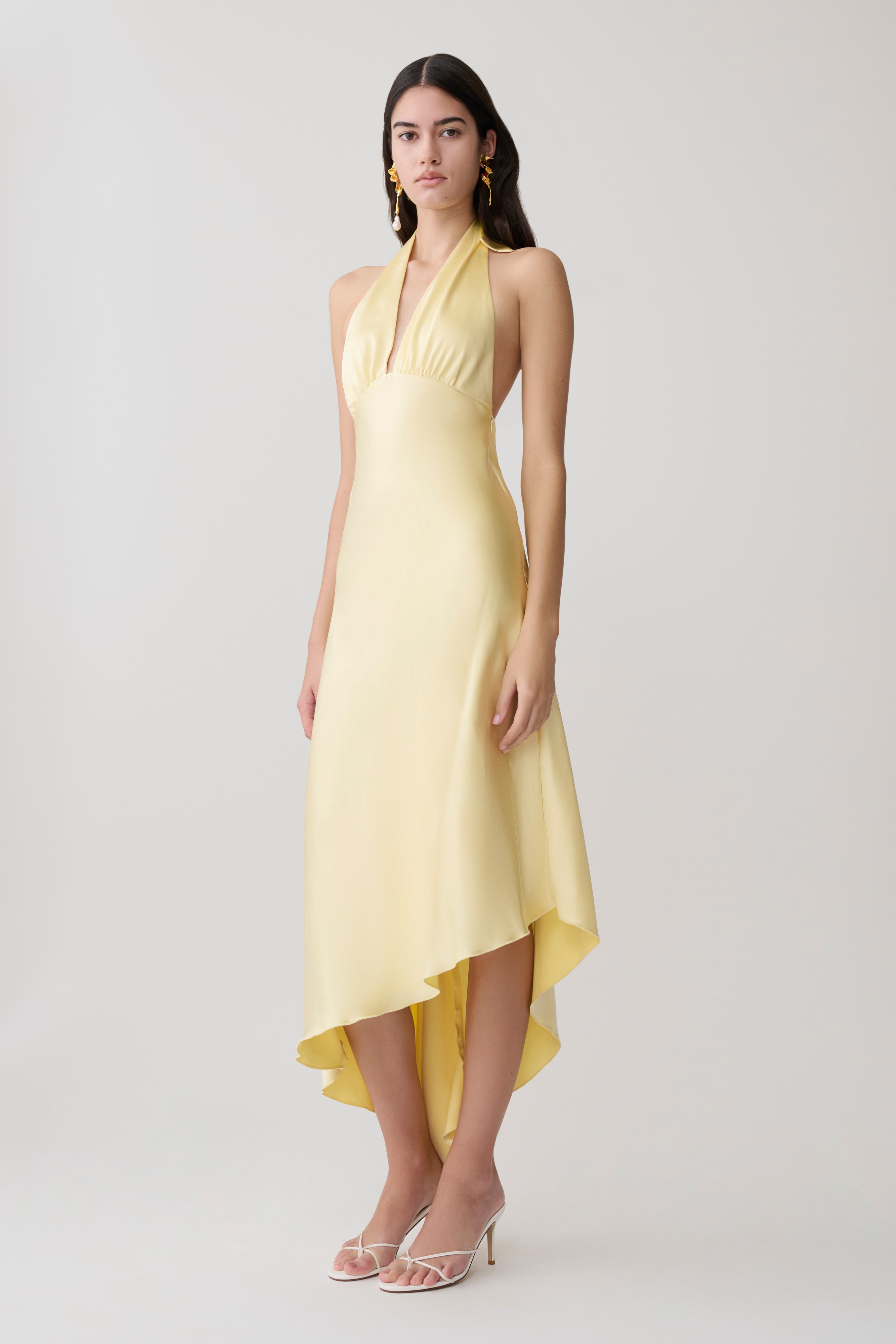 Adelie Asymmetric Hem Halter Midi Dress - Butter