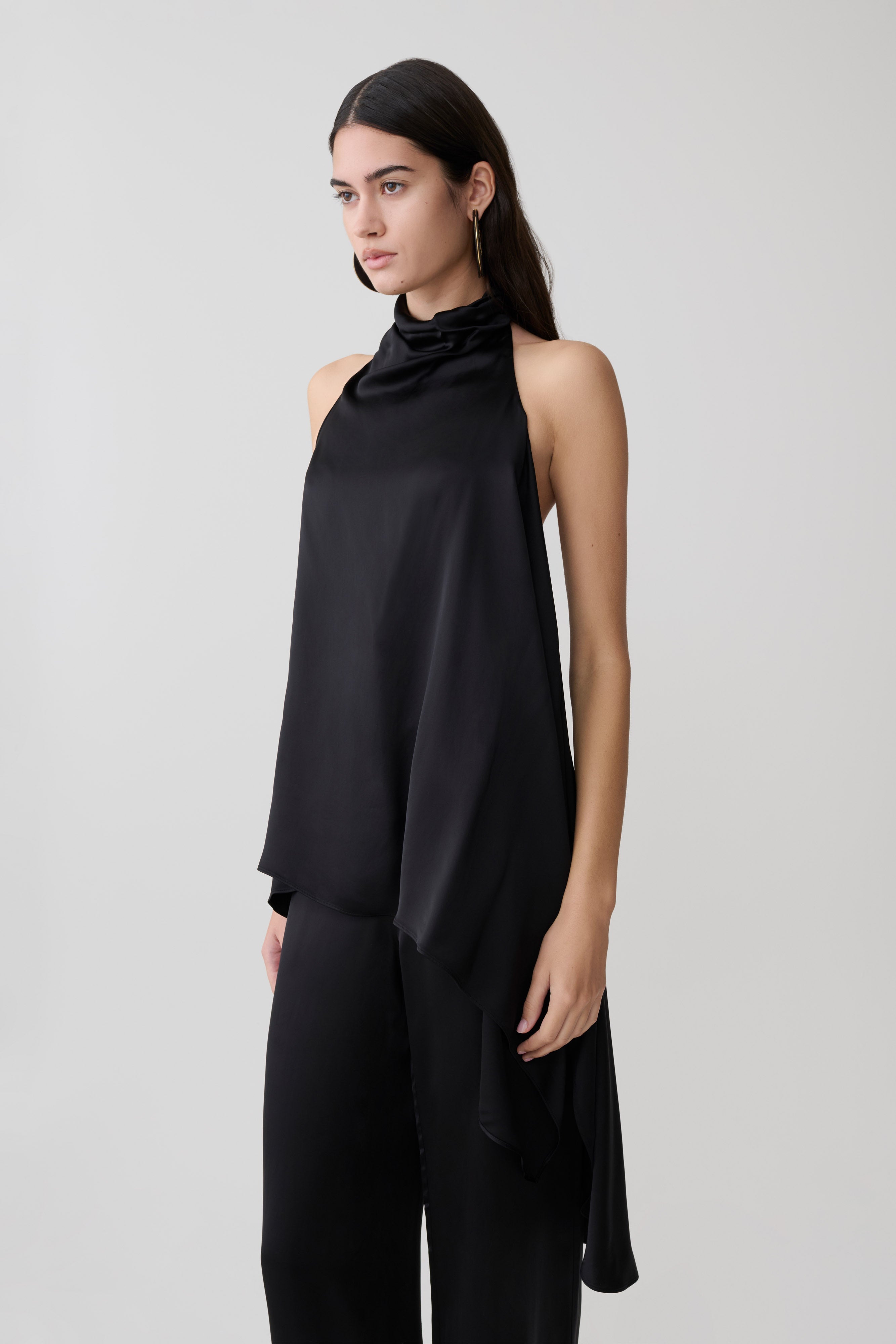Sydney Asymmetrical Satin Halter Top - Black