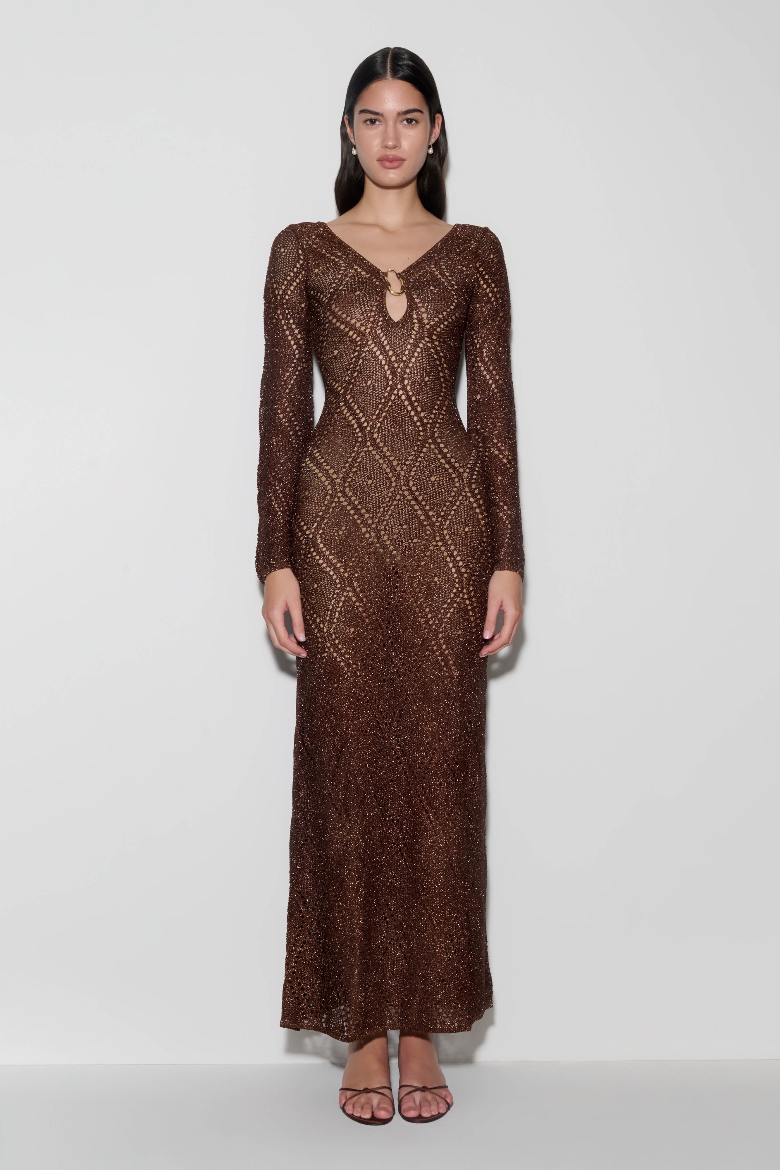Chelsea Lurex Crochet Maxi Dress - Bronze
