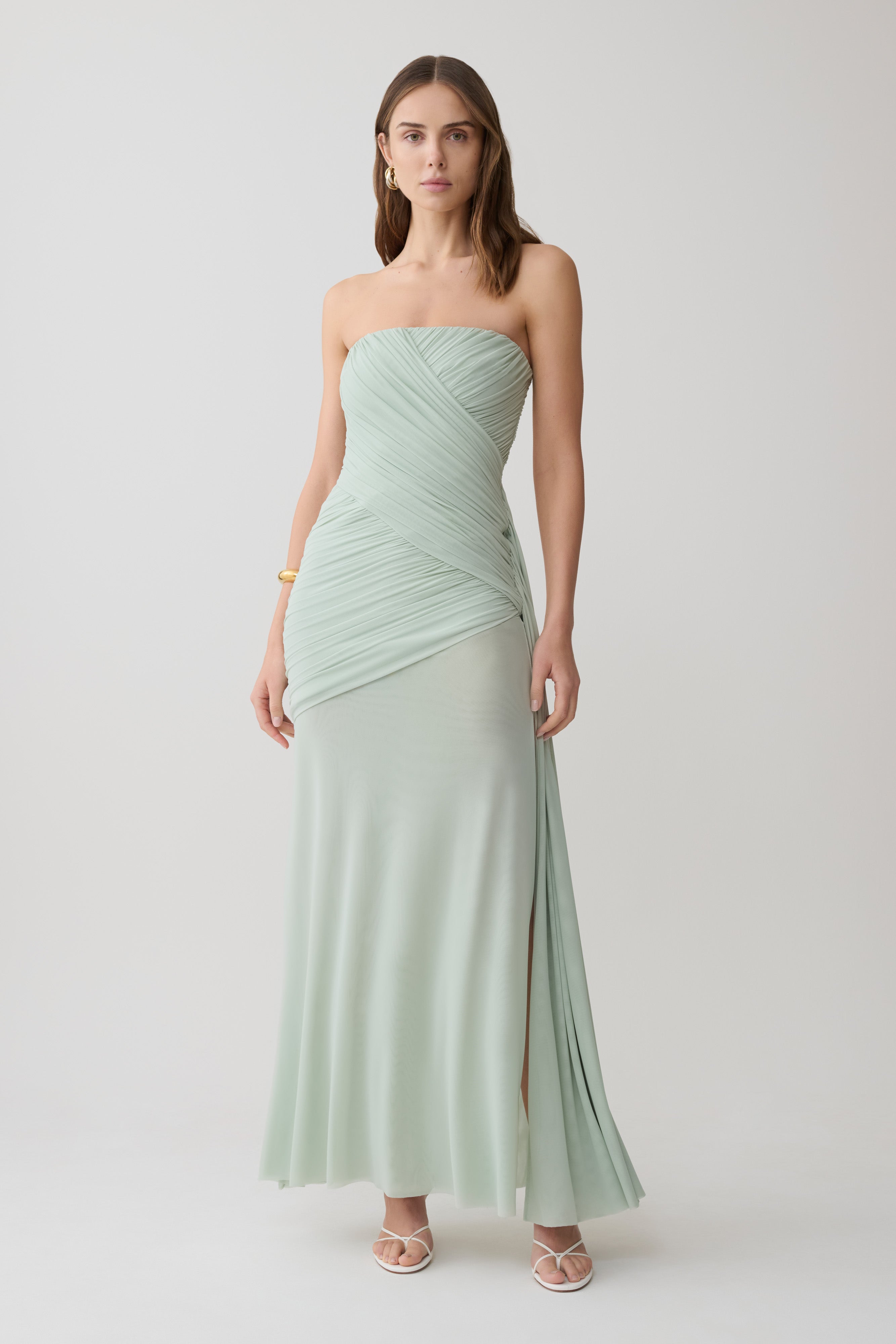 Monet Strapless Ruched Mesh Maxi Dress - Aqua Grey