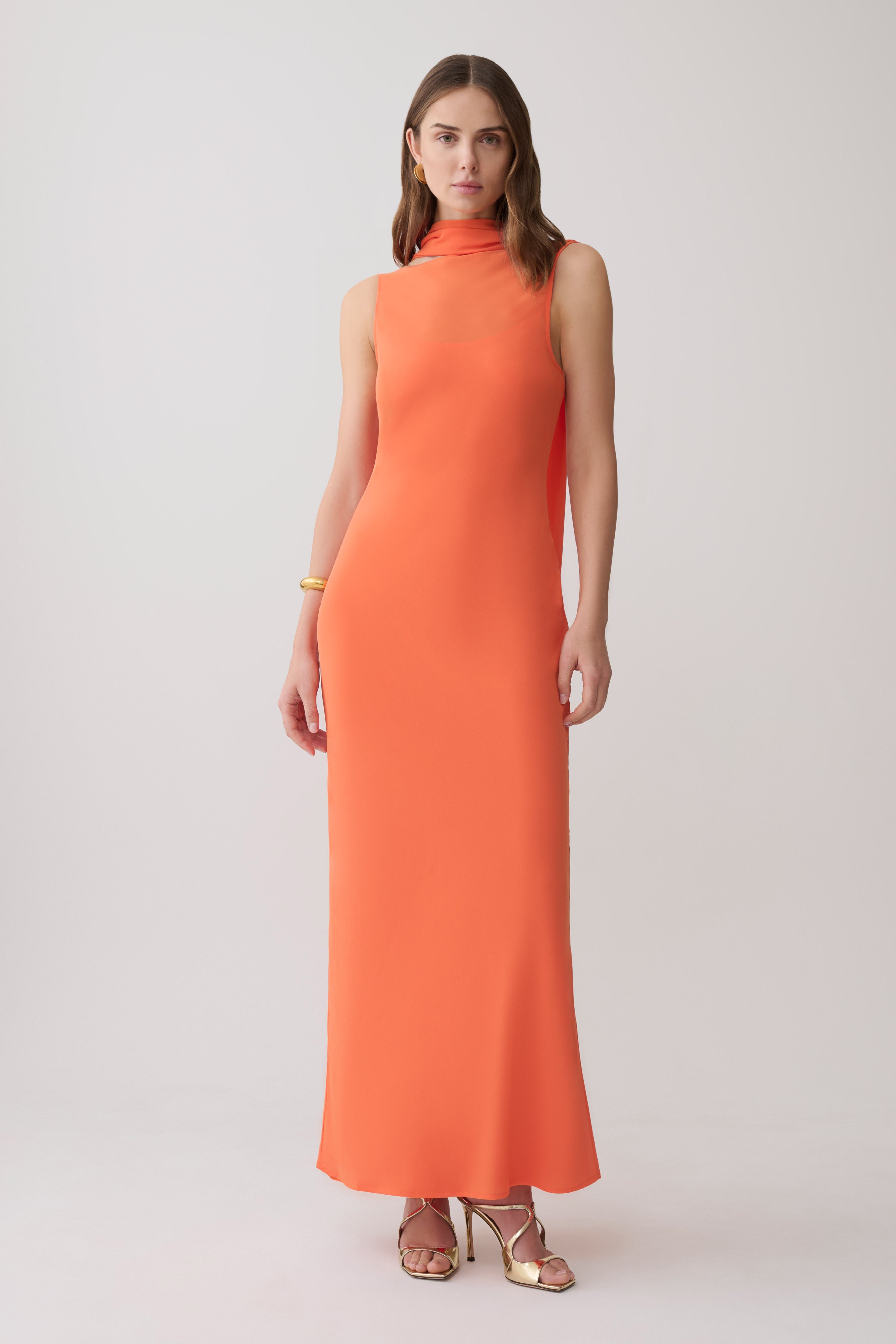 Dakota Chiffon Maxi Dress With Scarf - Orange