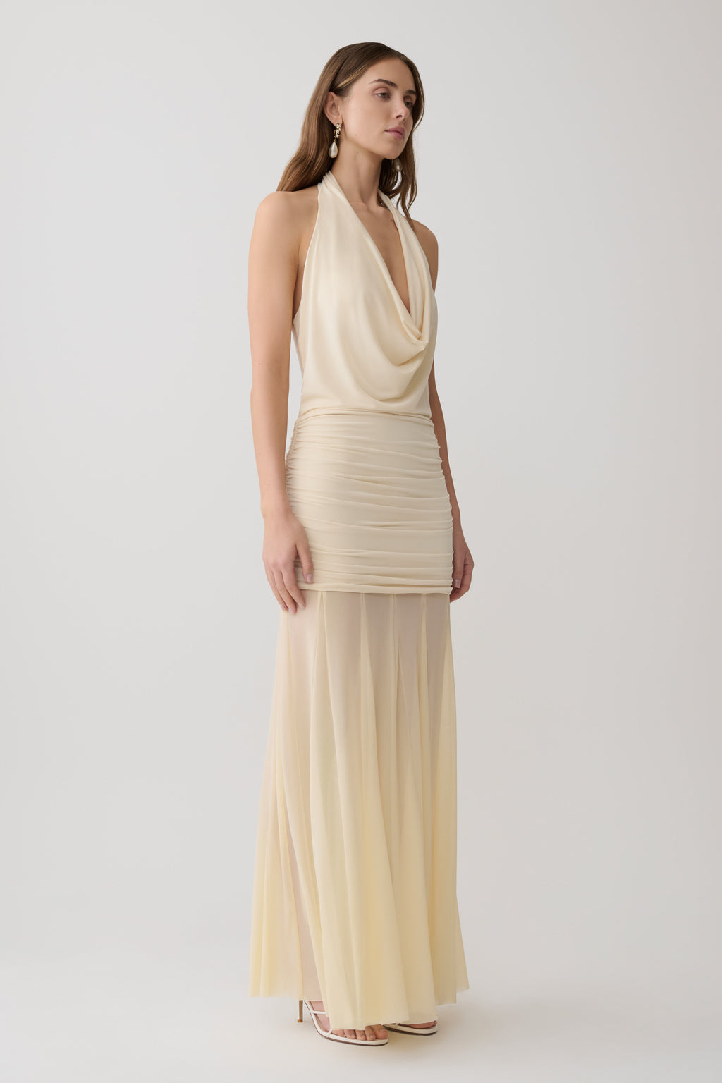 Jorja Draped Halter Slinky Maxi Dress - Ivory