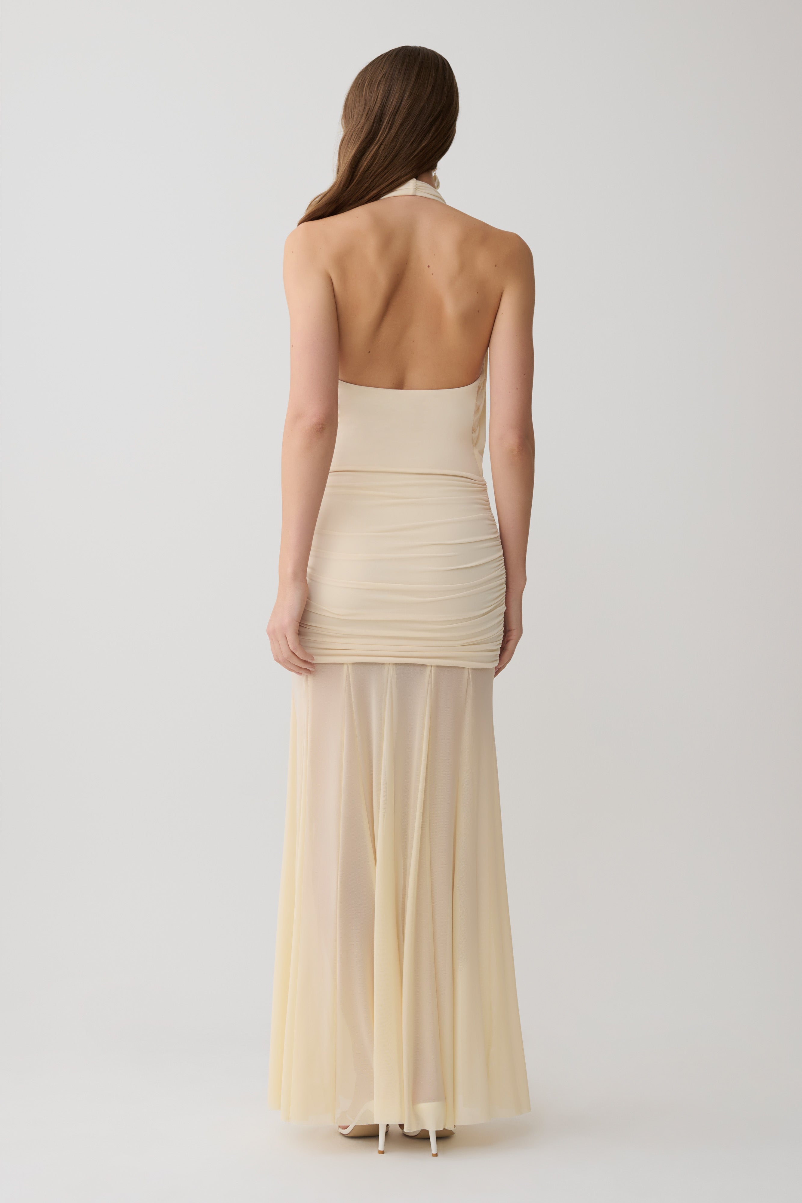 Jorja Draped Halter Slinky Maxi Dress - Ivory