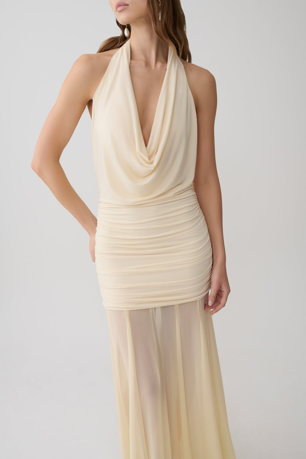 Jorja Draped Halter Slinky Maxi Dress - Ivory