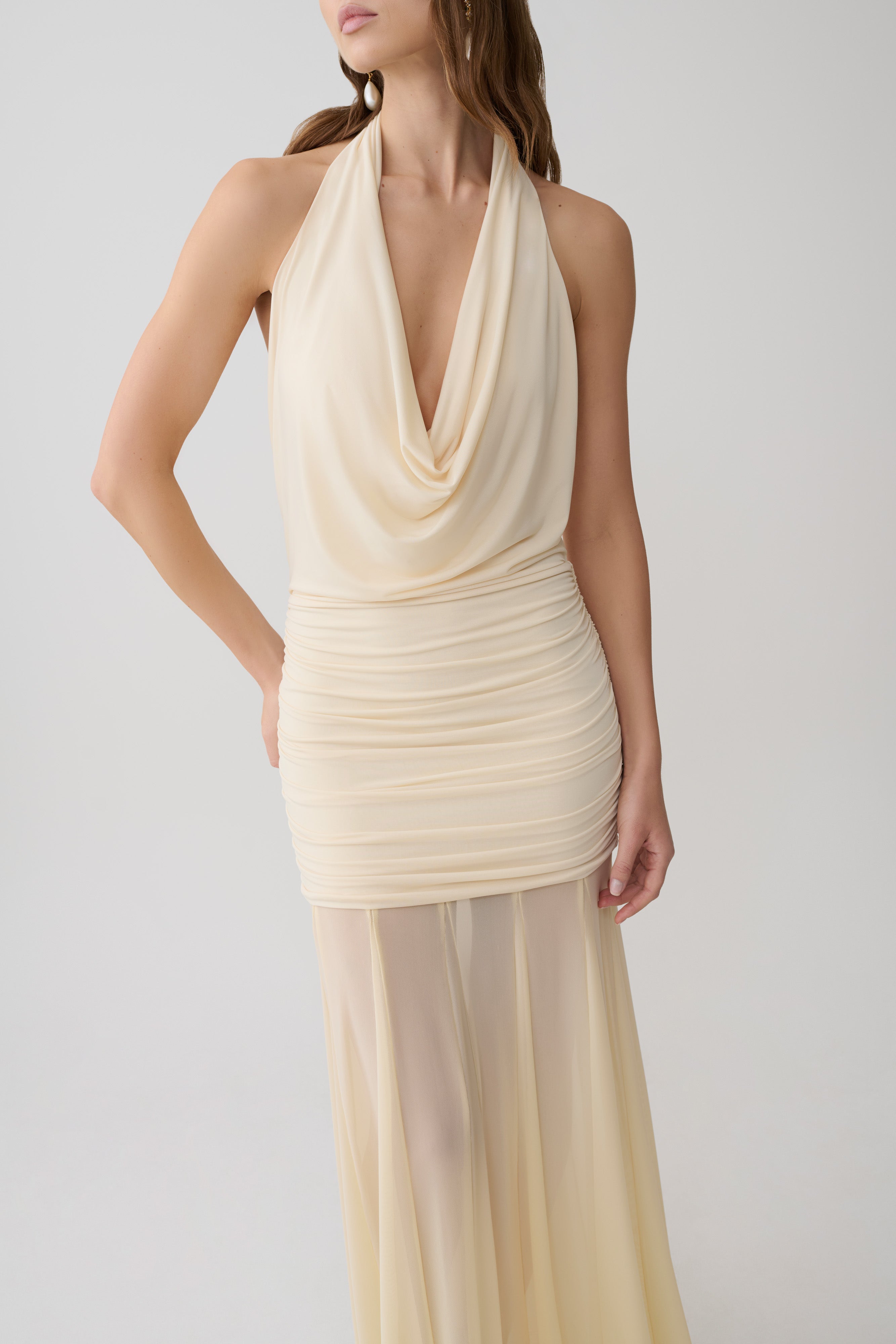 Jorja Draped Halter Slinky Maxi Dress - Ivory